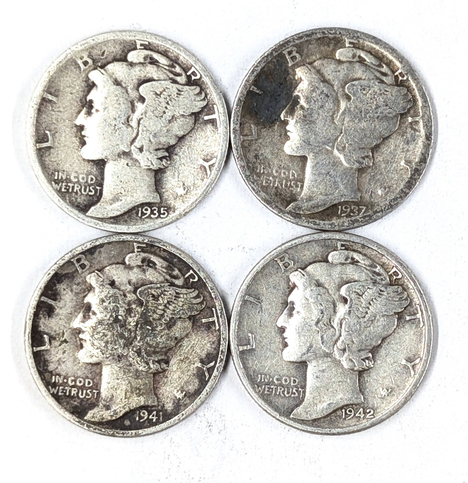 Lot of 4 Silver Mercury Dimes - 1935-1942: Silver