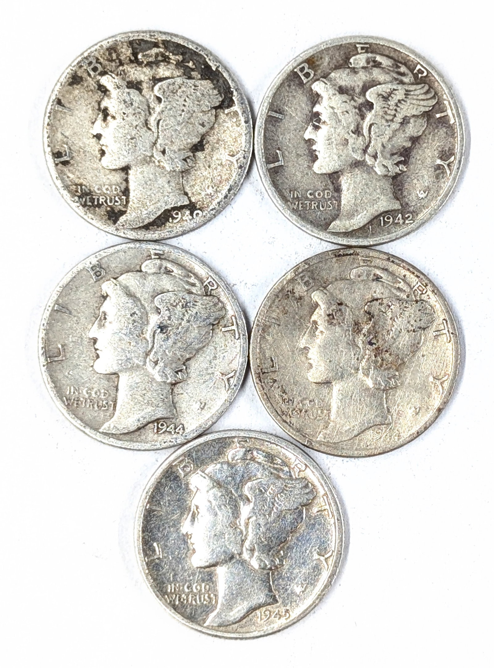 Lot of 5 Silver Mercury Dimes - 1940-1945: Silver