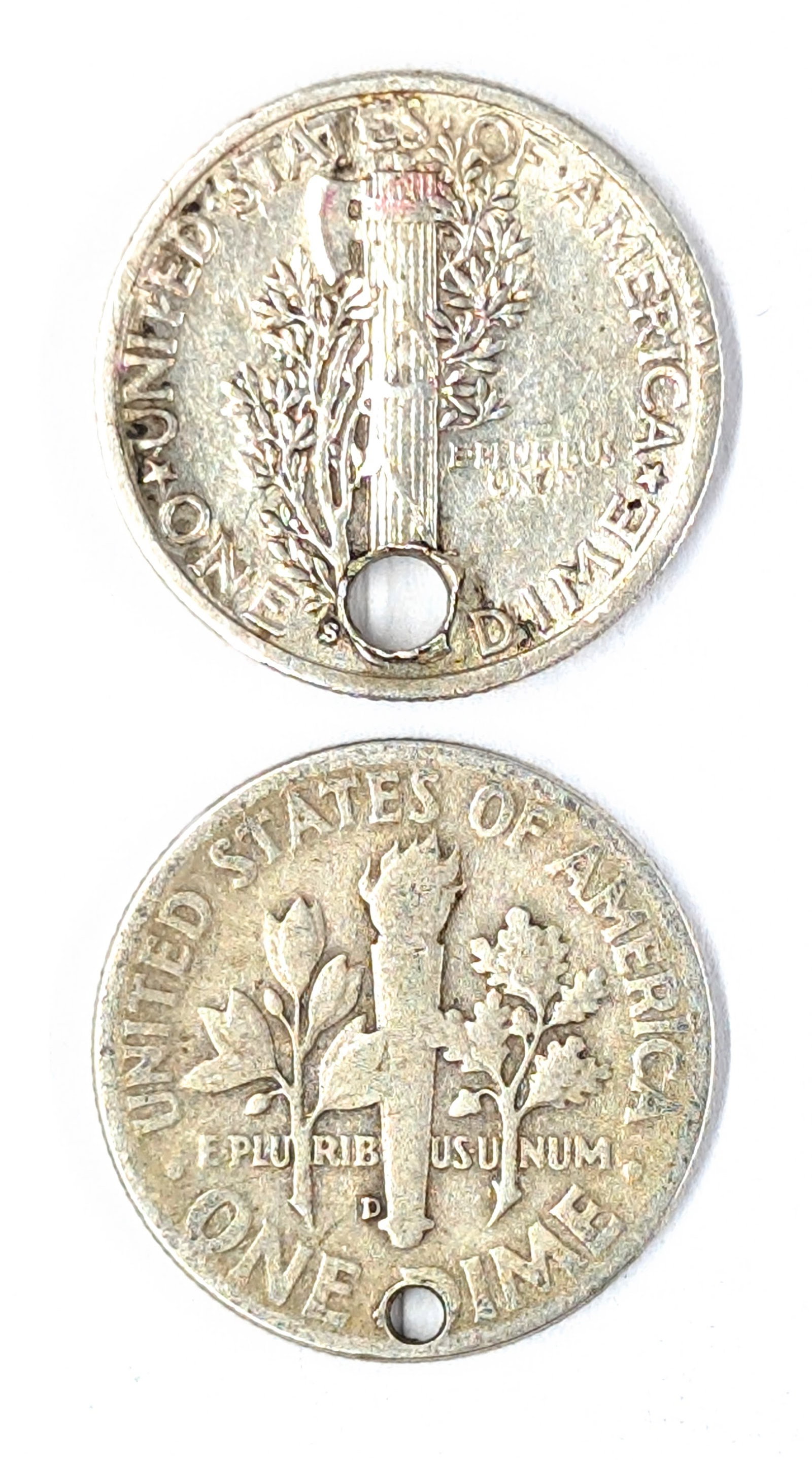 Lot of 2 Silver Holed Dimes - 1940-S Mercury, 1946-D Roosevelt - 2