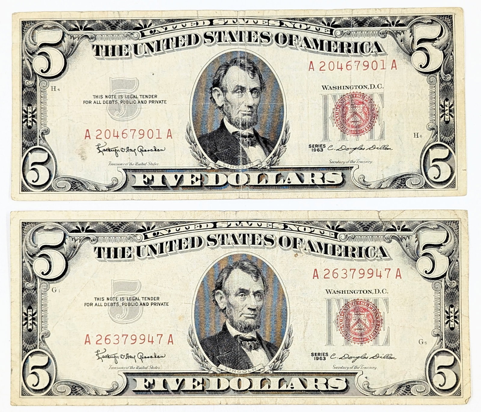 Lot of 2 - 1963 $5 Notes - Red Seals: Heavily Circulated