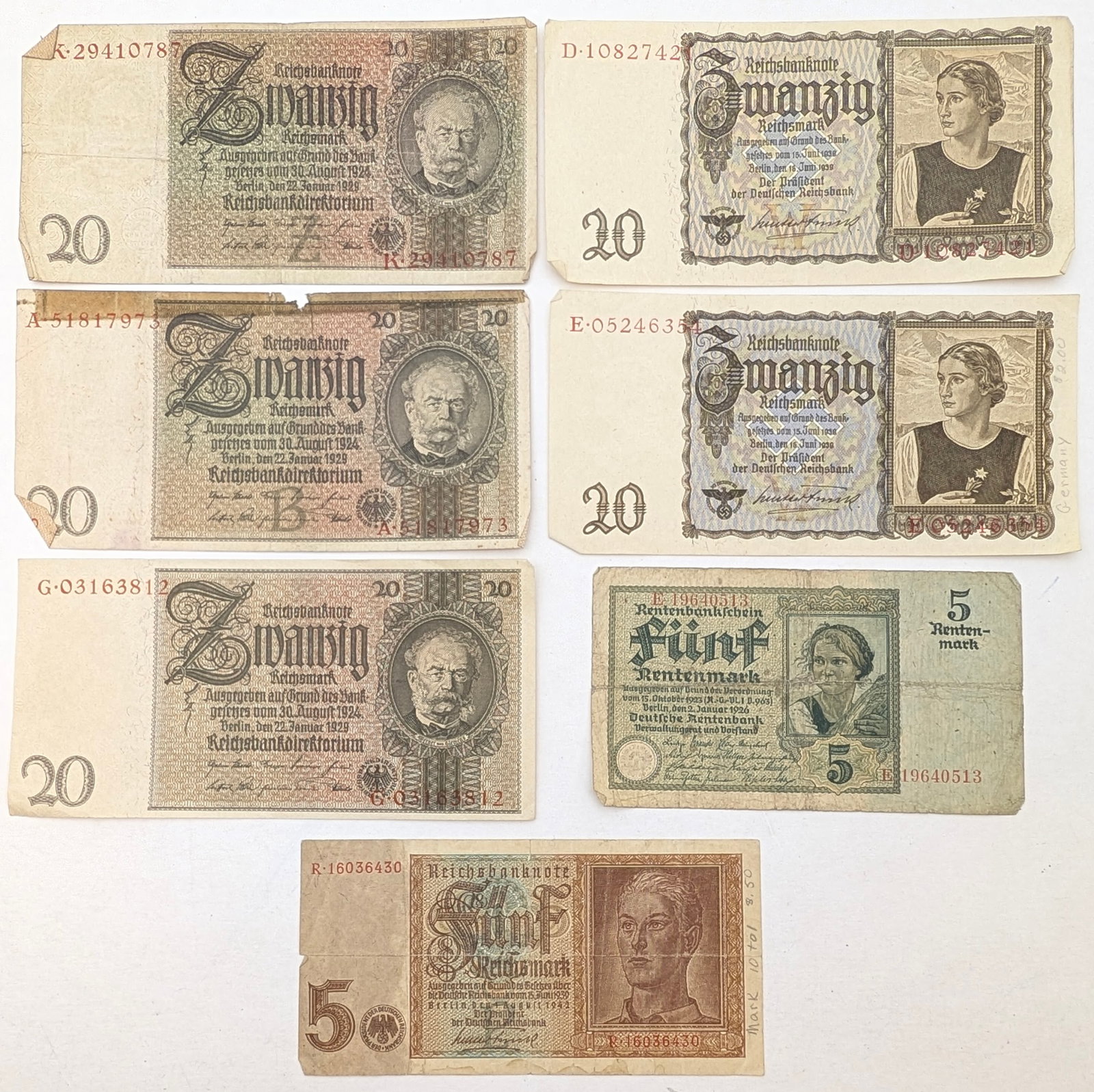 Lot of 7 German Reichsbank Notes - 20 & 10: Circulated to Heavily Circulated
