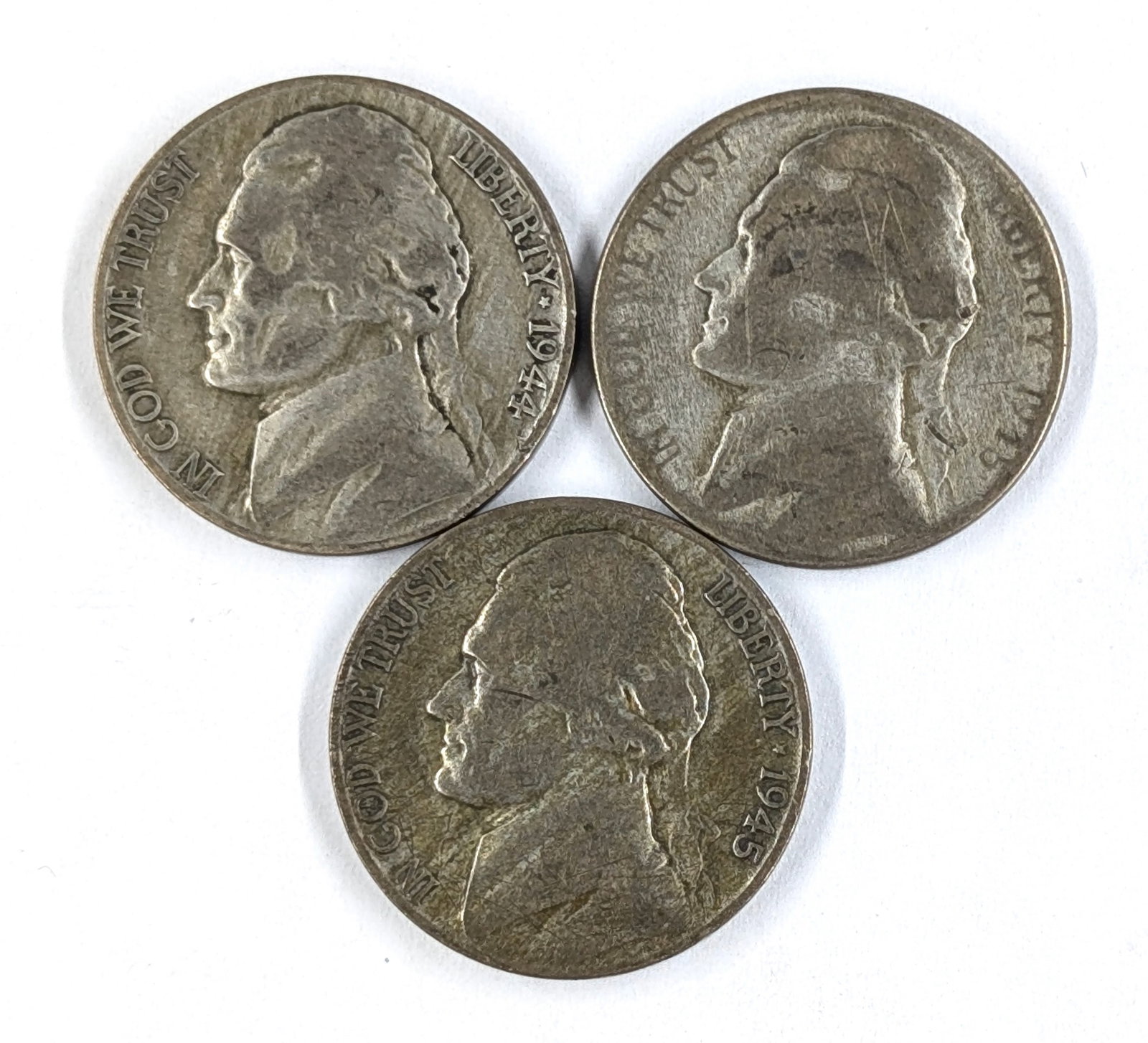 Lot of 3 Silver War Nickels - 1944-D, 1945-P(2): 35% Silver