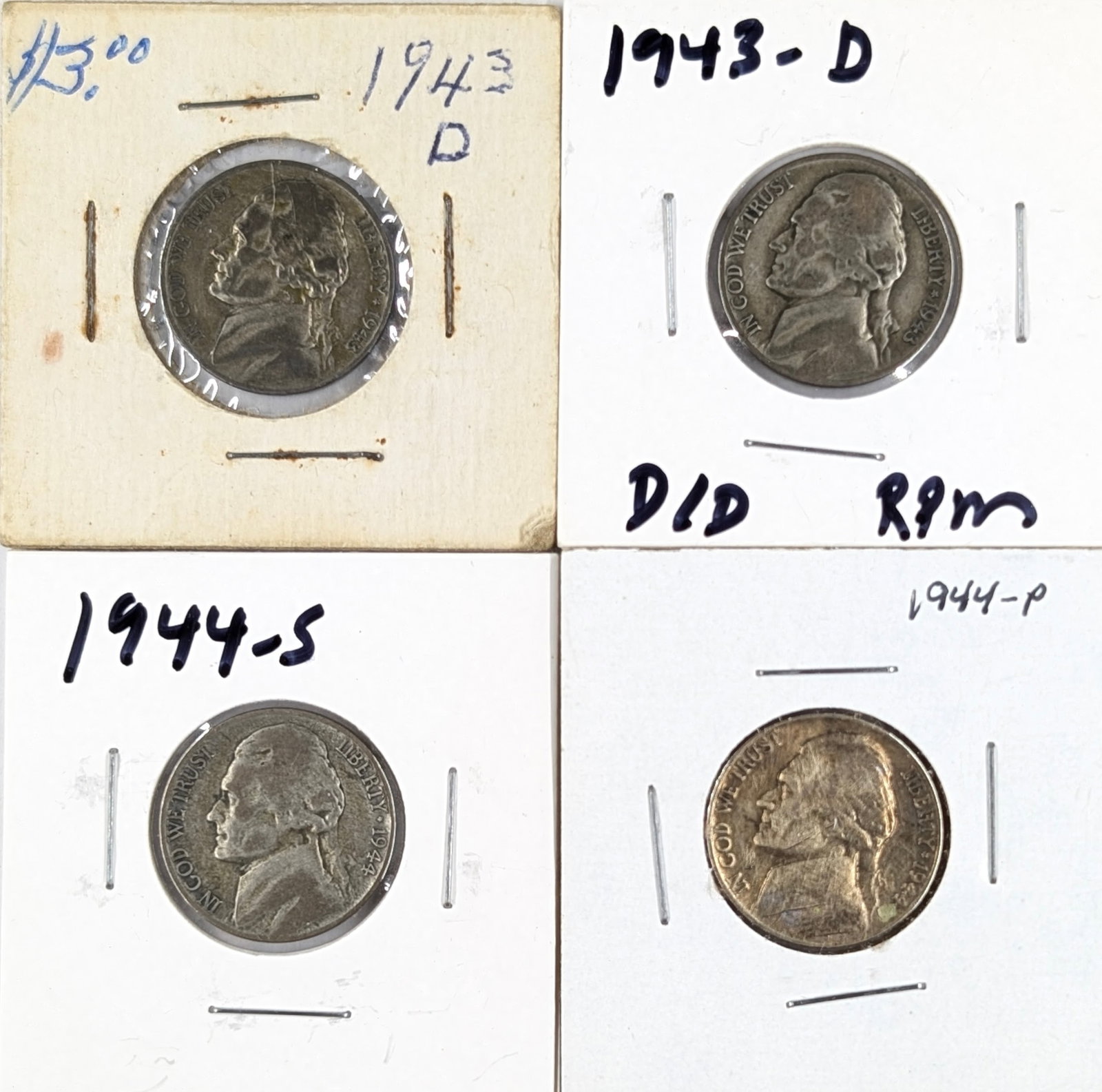 Lot of 4 Silver War Nickels - 1943-D(2), 1944 P/S: 35% Silver