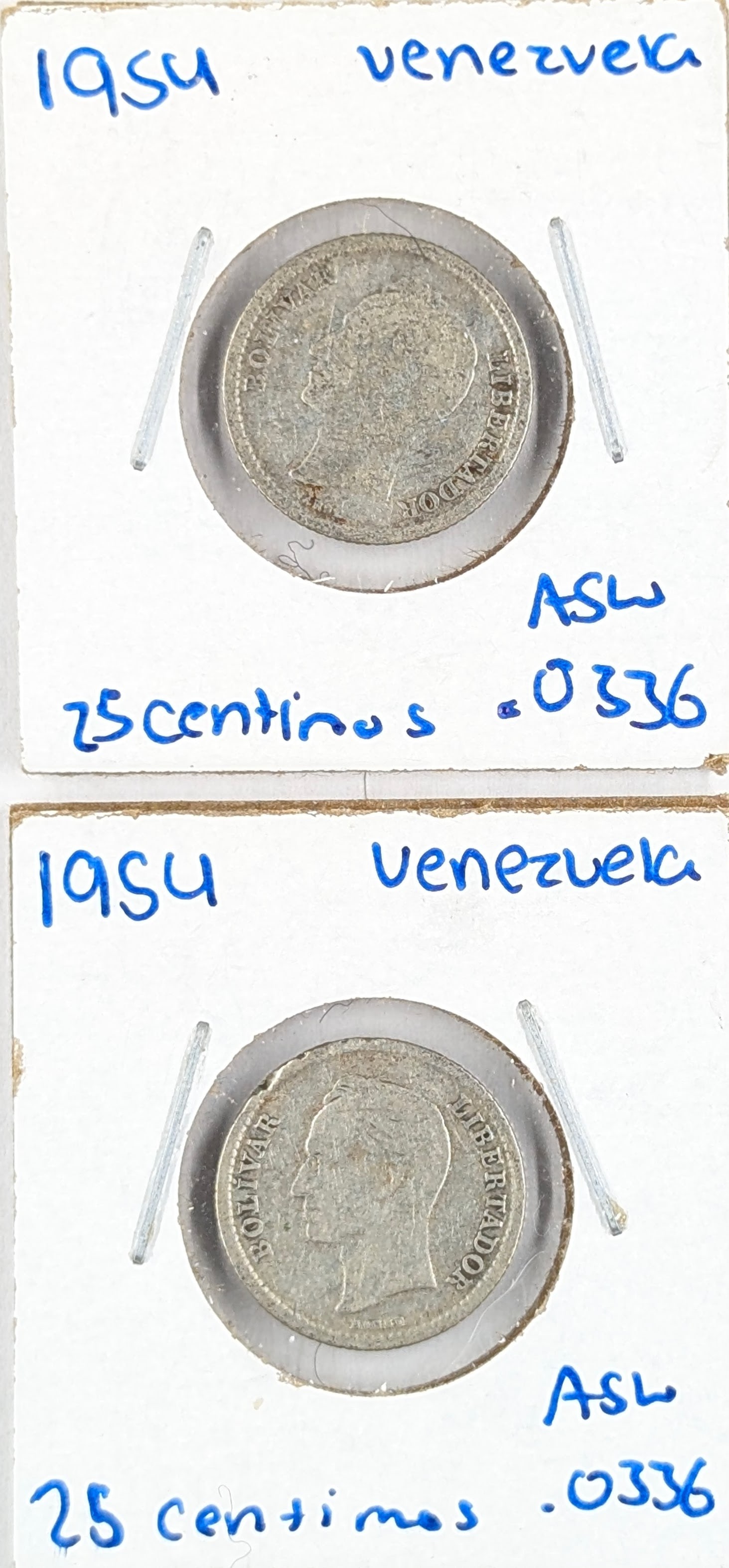 Lot of 2 Silver Venezuelan 1954 25 Cents: 83.5% Silver
