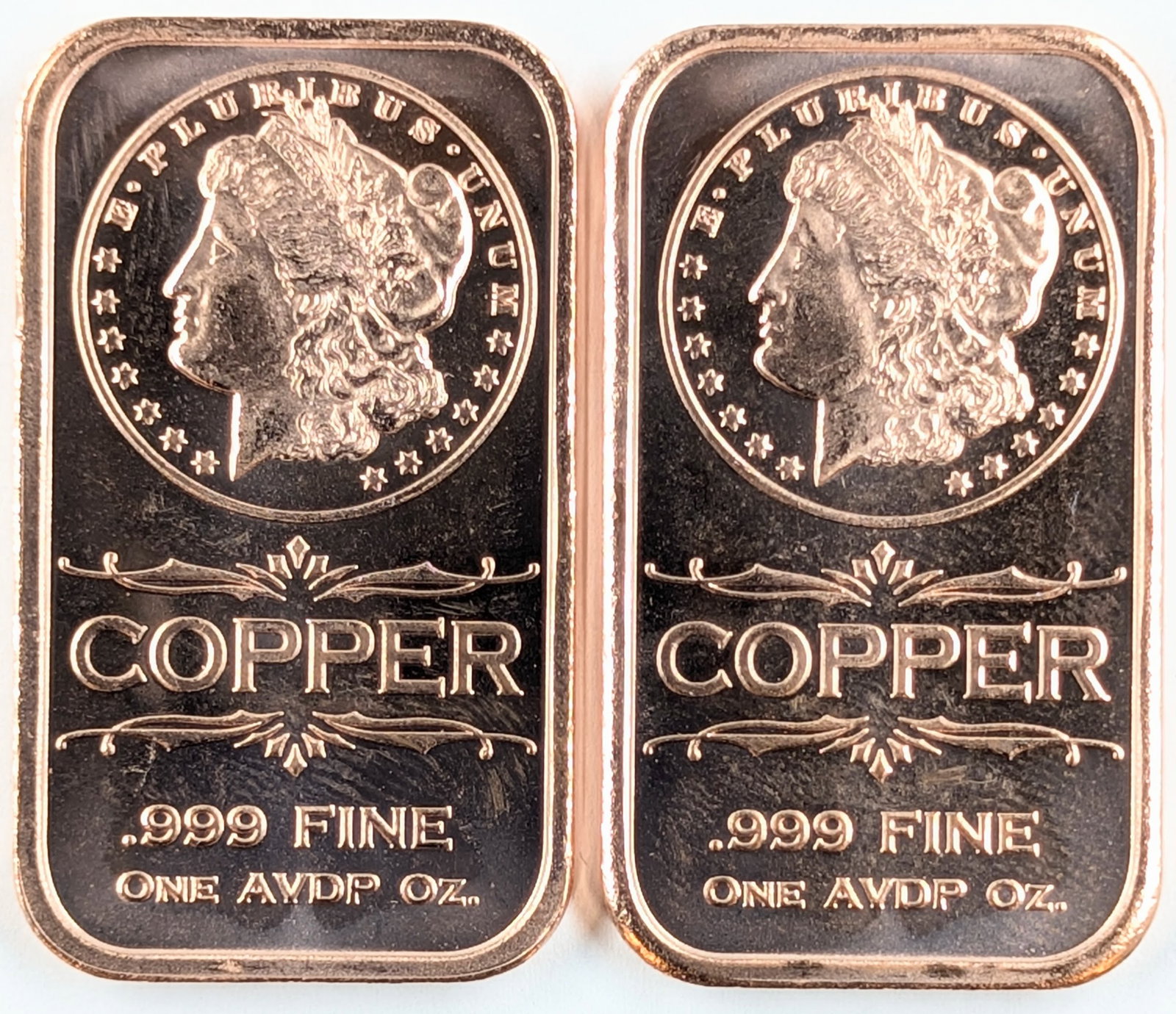 Lot of 2 - 1 Ounce (each) Fine .999 Copper Bars - Liberty: Copper