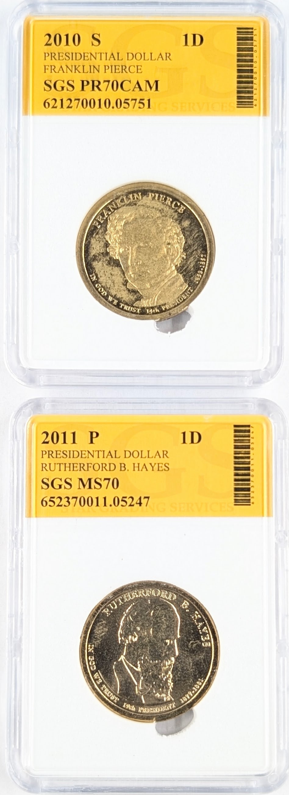 Lot of 2 SGS Presidential Dollars - 2010-S PR70CAM Pierce, 2011-P MS70 Hayes: Coin