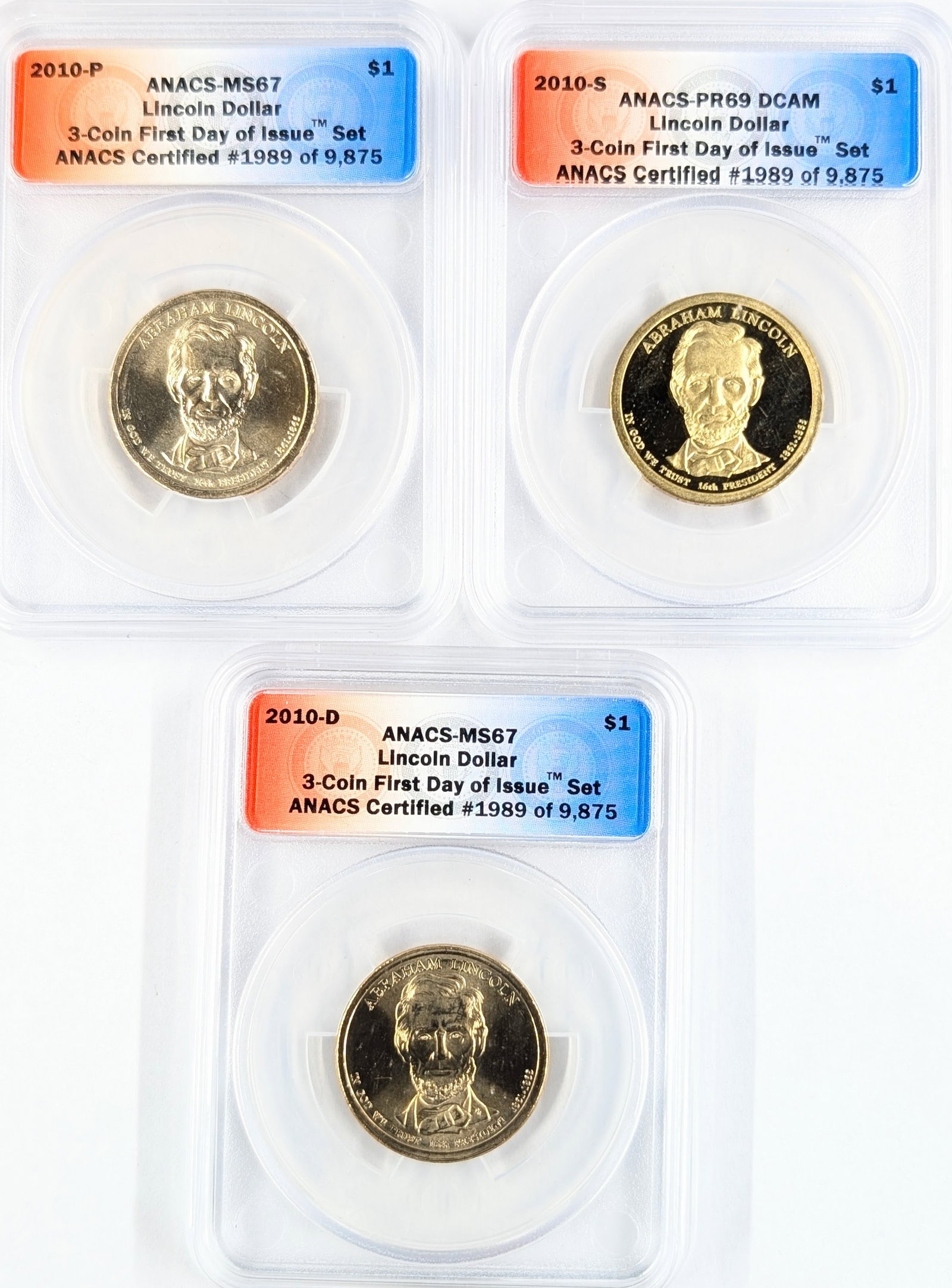 Lot of 3ANACS Lincoln Presidential Dollars - MS67(2), PR69 DCAM: Coin