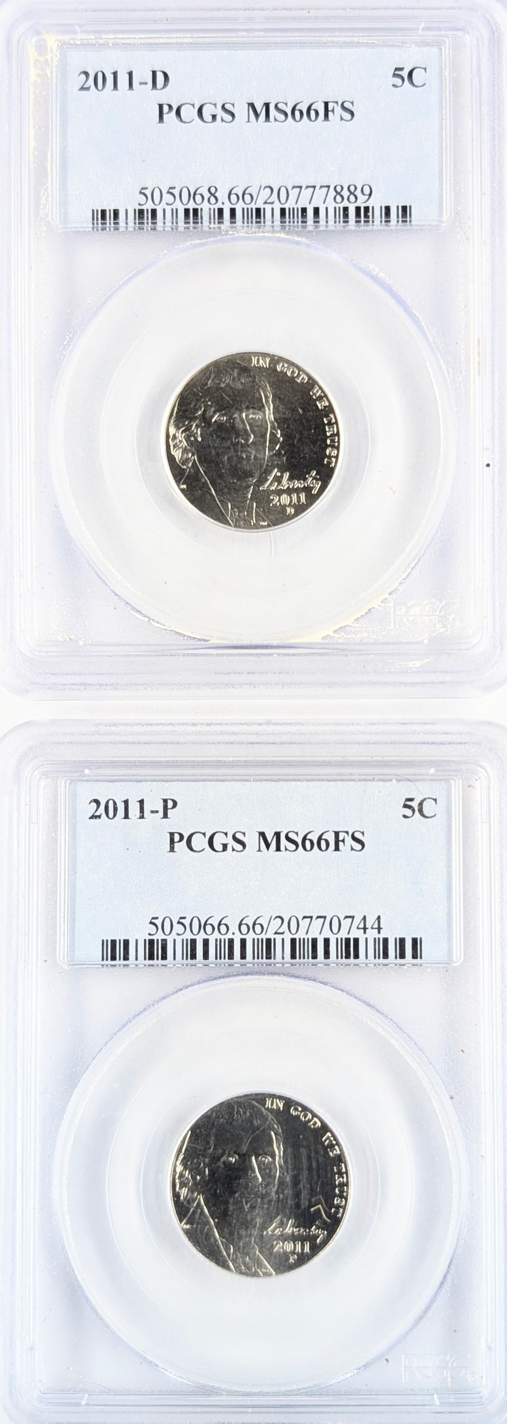 Lot of 2 PCGS 2011 P/D MS66FS Jefferson Nickels: Coin