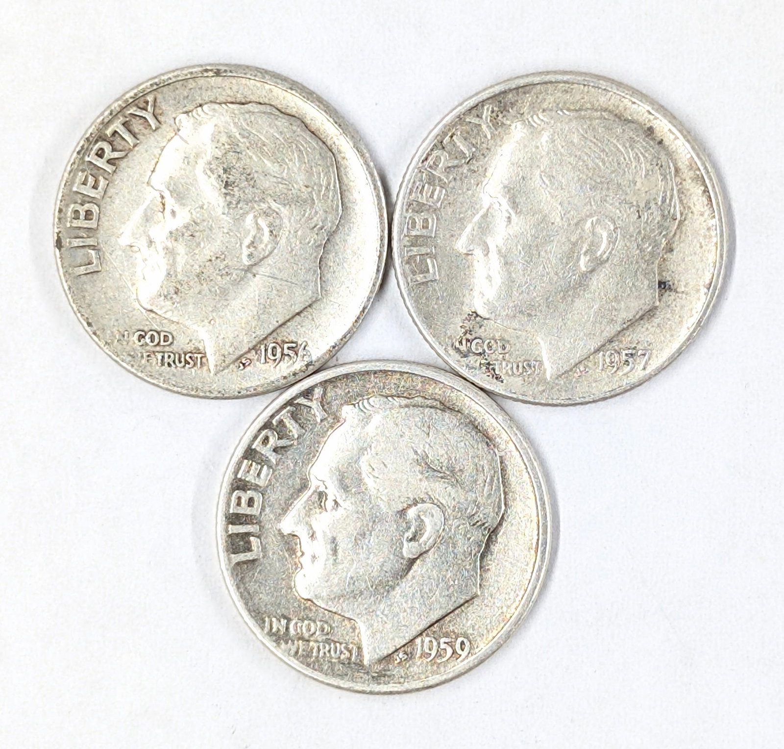 Lot of 3 Silver Roosevelt Dimes - 1956-D, 1957-D, 1959-D: Silver