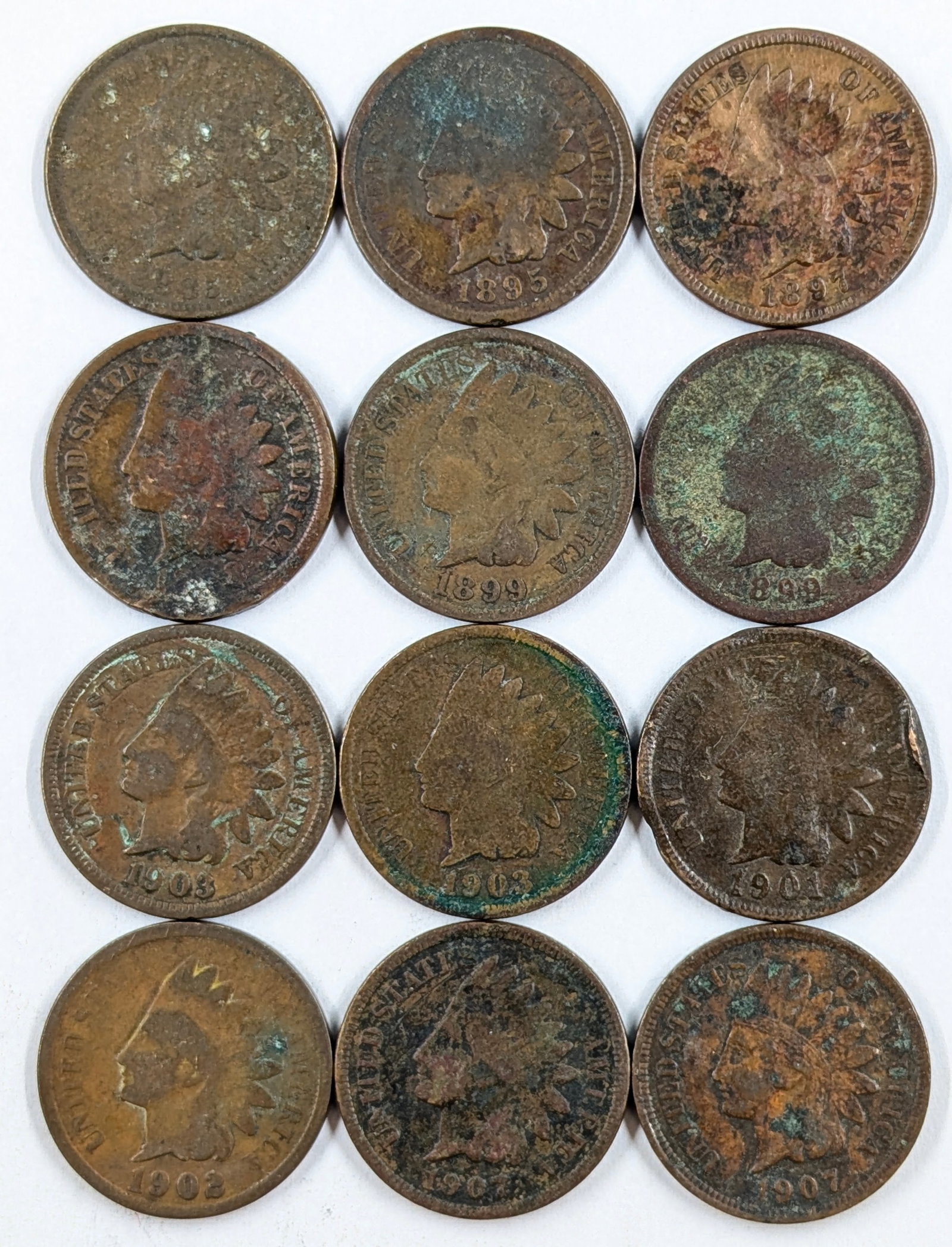 Lot of 12 Indian Head Cents - 1895-1907: Heavily Circulated