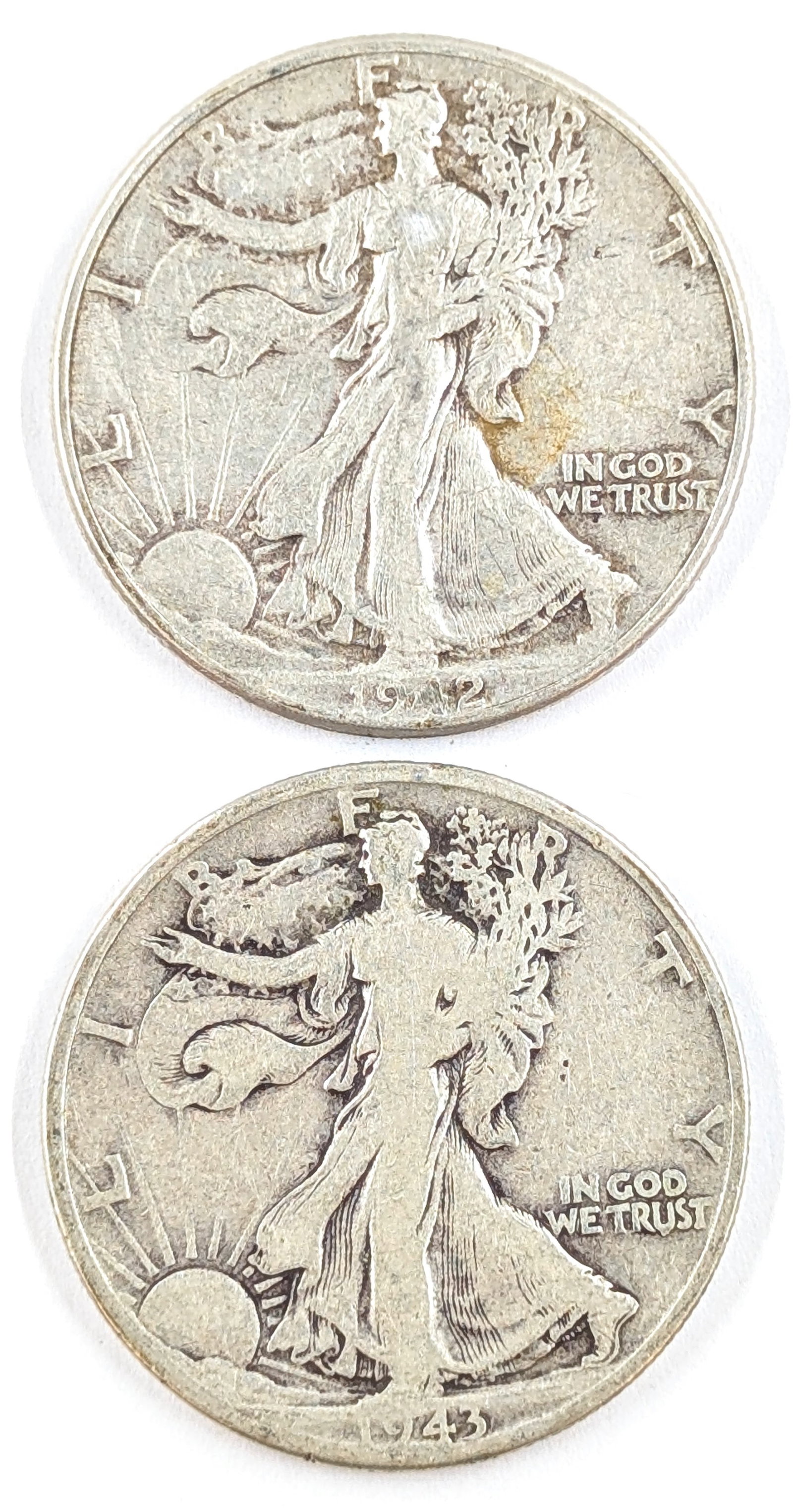 Lot of 2 Silver Walking Liberty Half Dollars- 1942, 1943-D: _