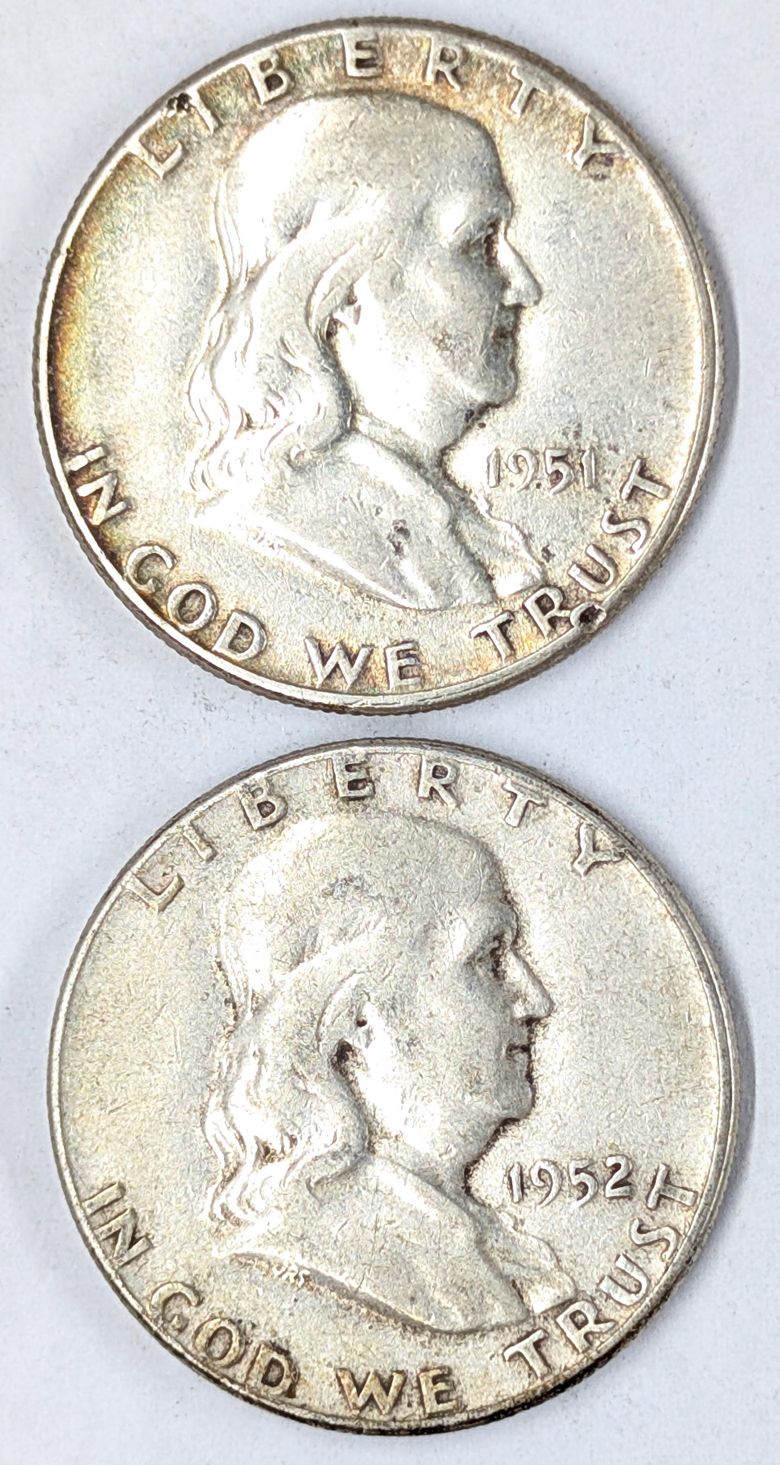 Lot of 2 Silver Franklin Half Dollars- 1951 Toned, 1952: _