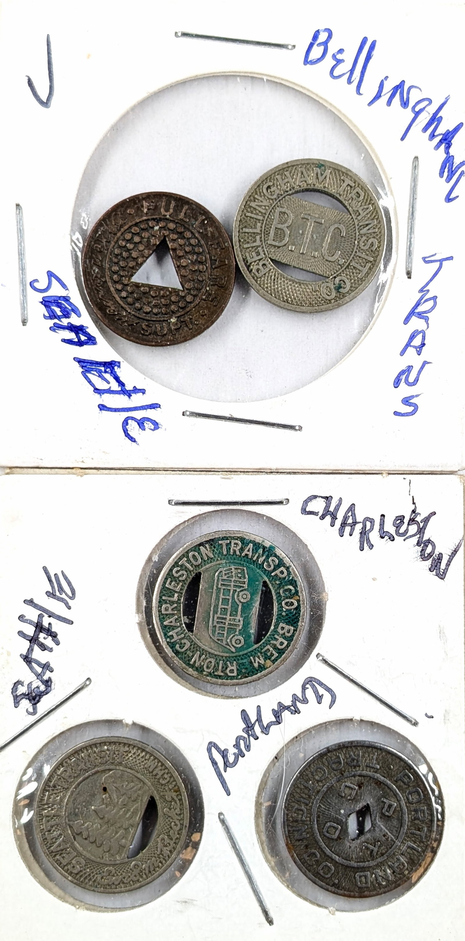 Lot of 5 Vintage US Transportation Tokens: Seattle Municipal, Charleston, Bellingham, ect