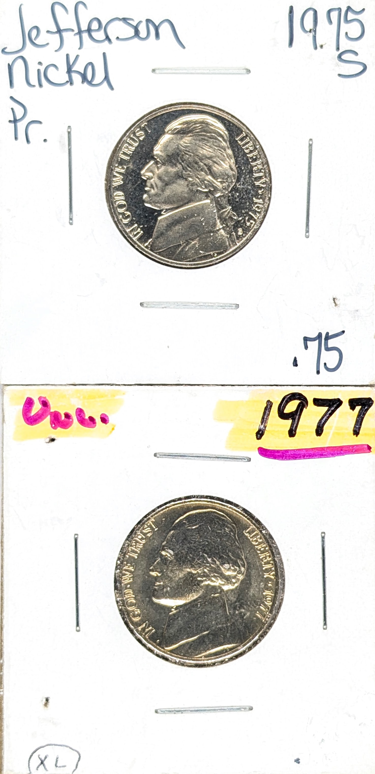 Lot of 2 Uncirculated Jefferson Nickels- 1975-S, 1977: _