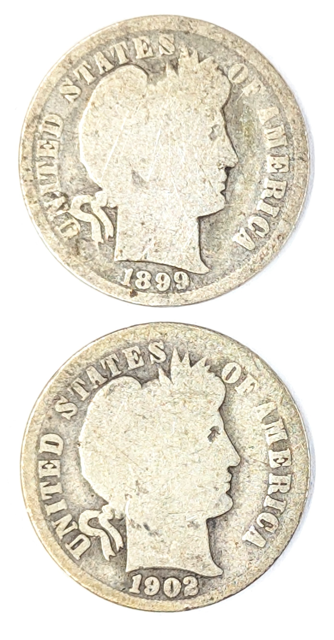 Lot of 2 Silver Barber Dimes- 1899, 1902: _