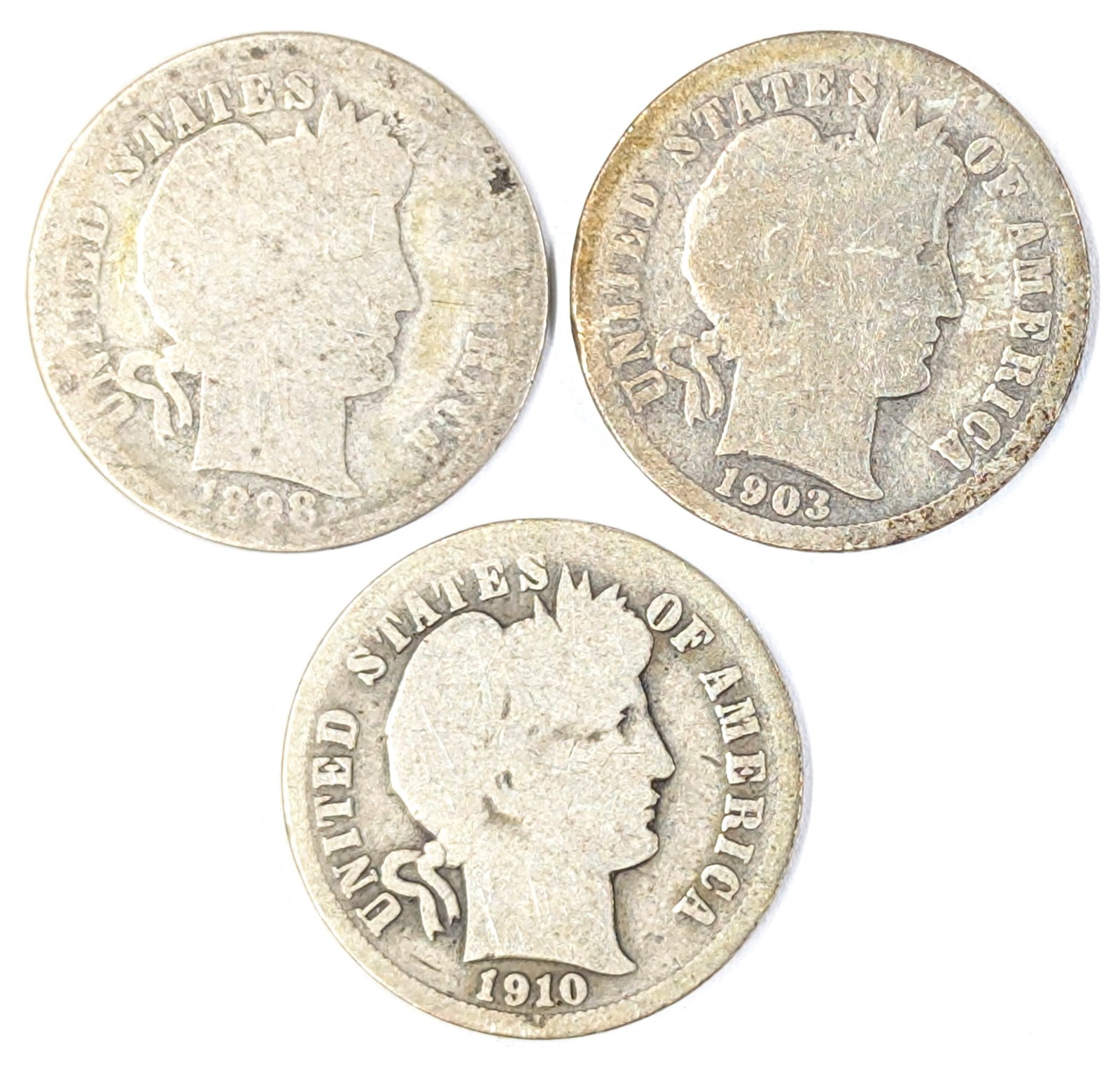 Lot of 3 Silver Barber Dimes- 1898, 1903-O, 1910: _