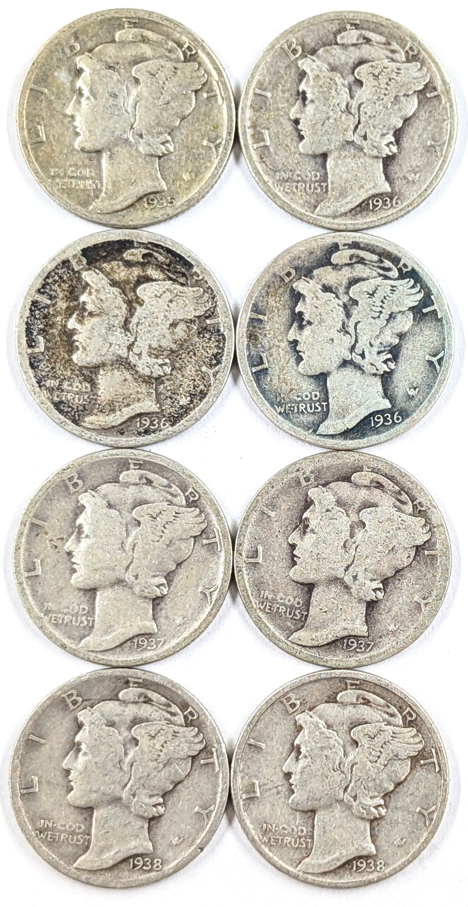 Lot of 8 Silver Mercury Dimes- 1935-1938: _