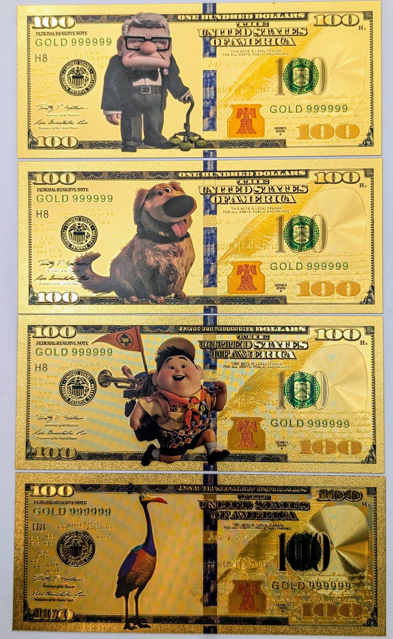 Lot of 4 Pixar Up Gold foils $100 designs: _