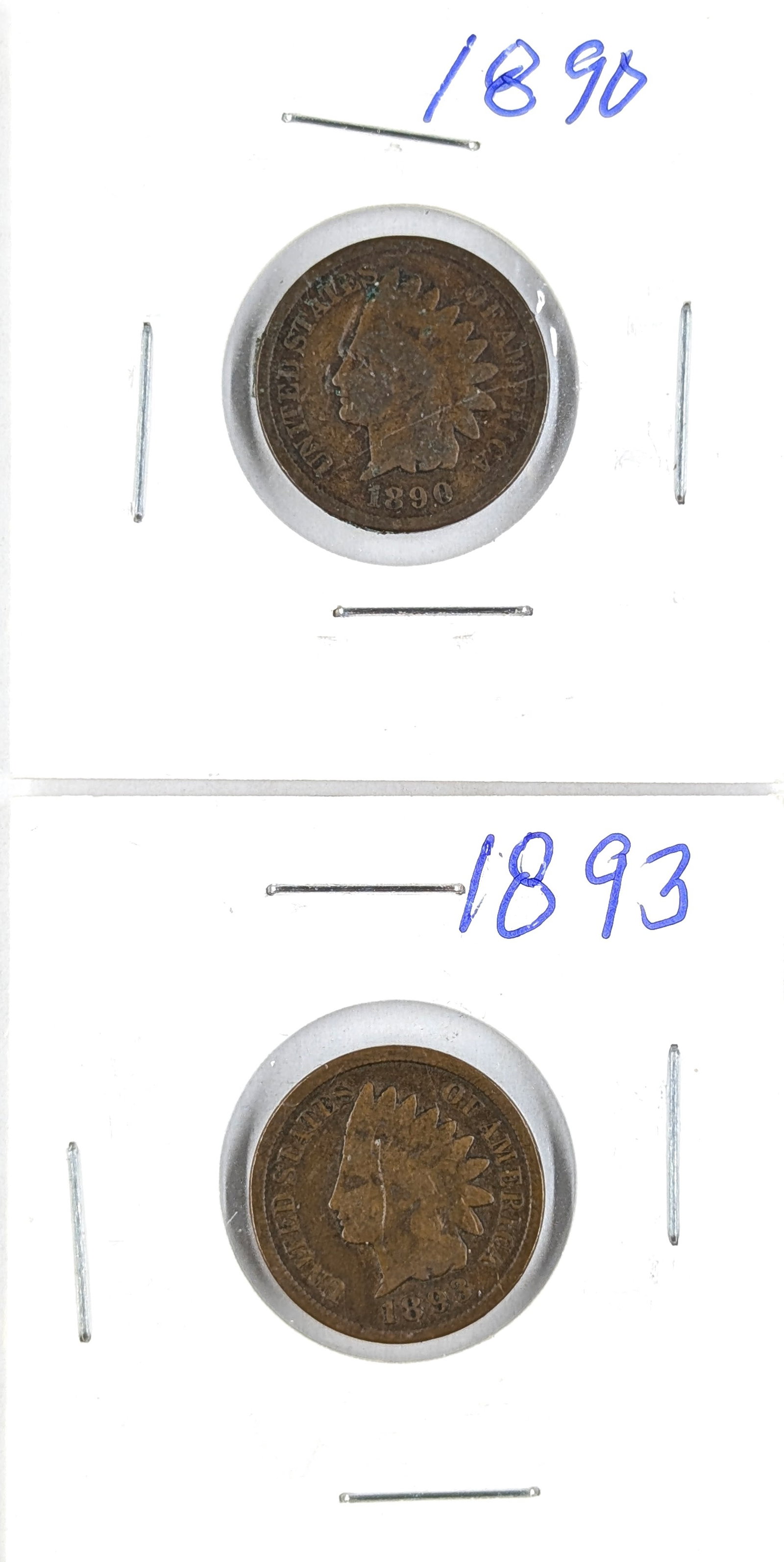 Lot of 2 Indian Head Cents- 1890, 1893: _