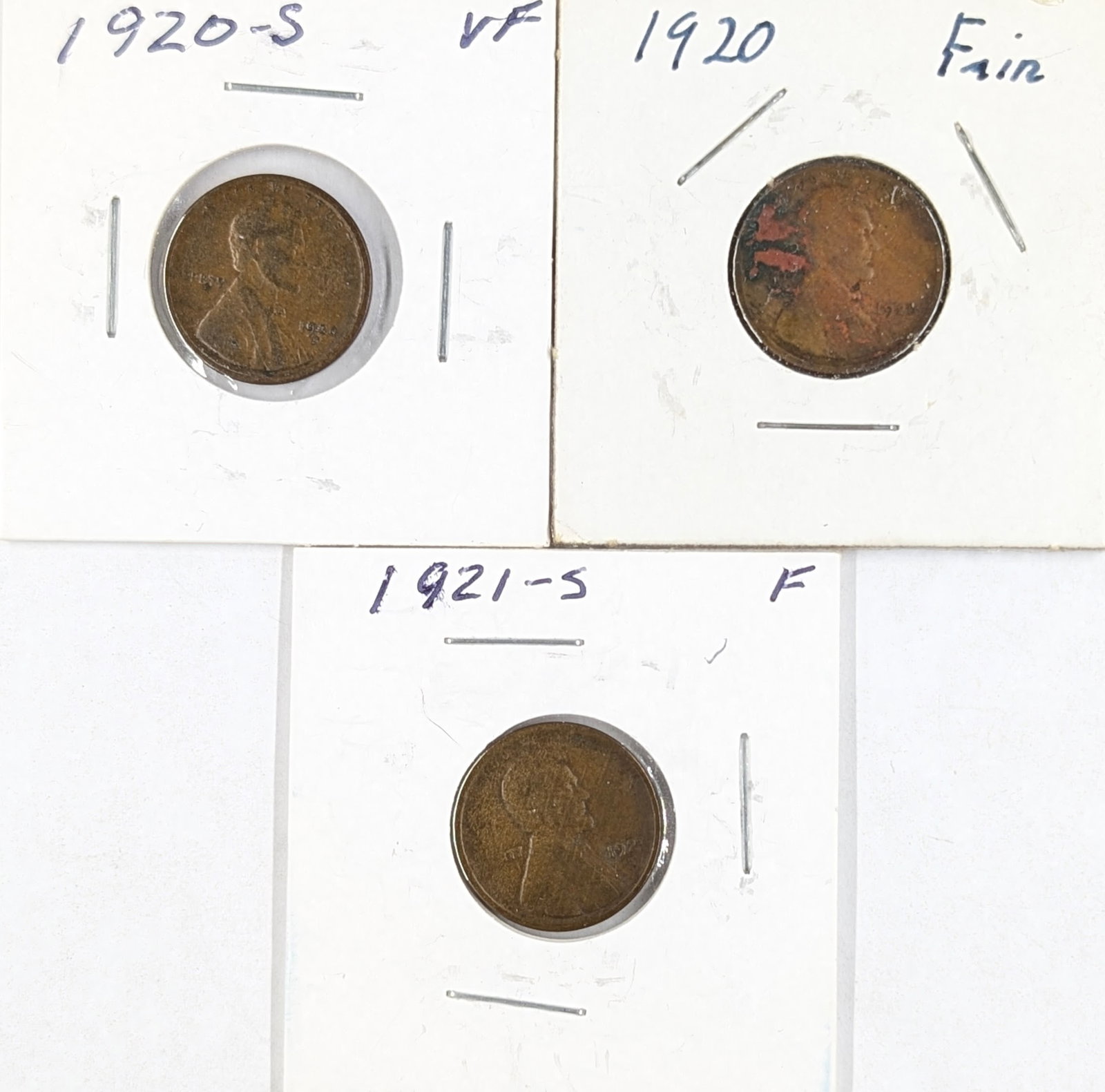 Lot of 3 Wheat Cents- 1920- S/P, 1921-S: _