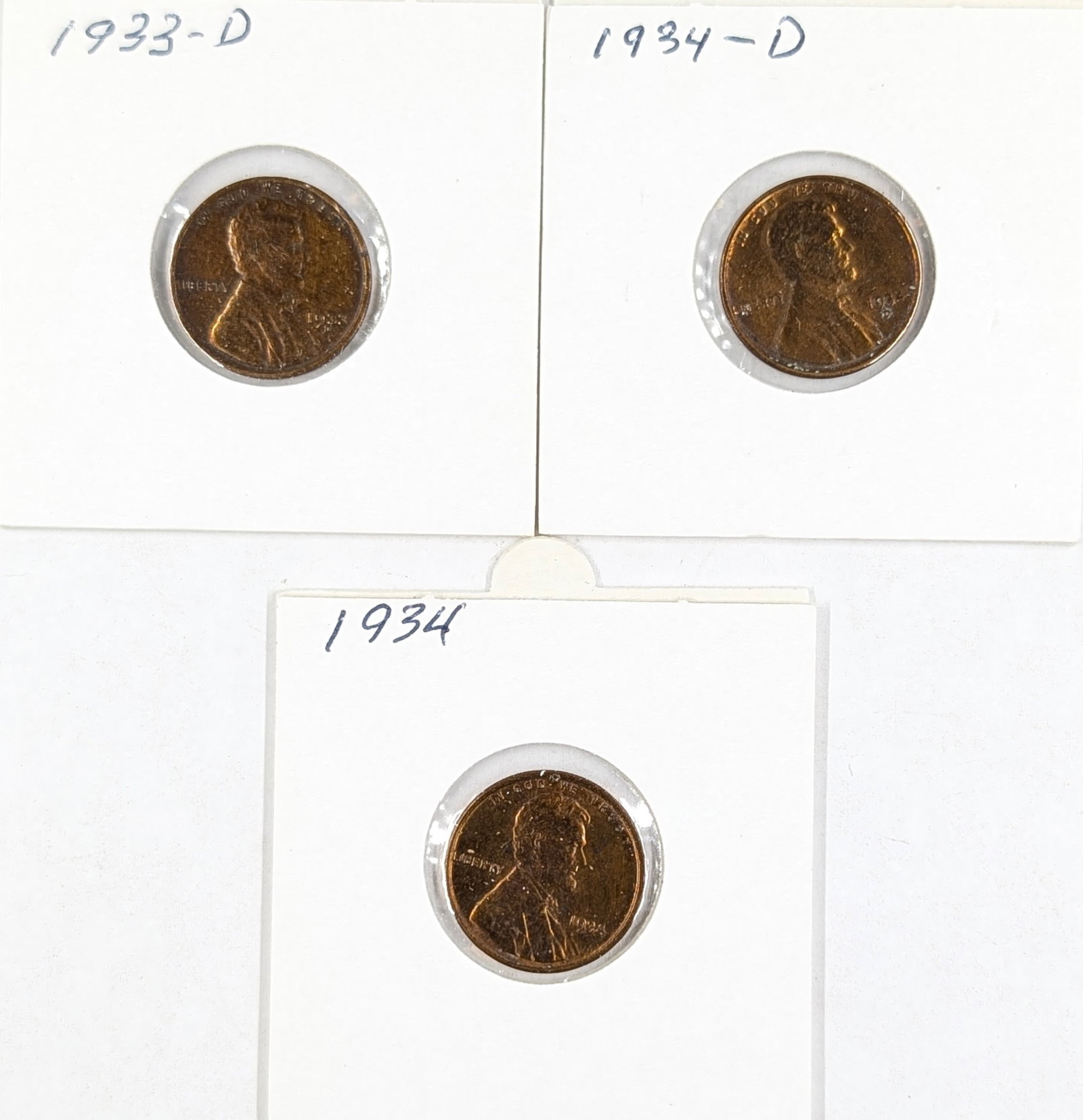 Lot of 3 Wheat Cents- 1933-D, 1934-D/P: _