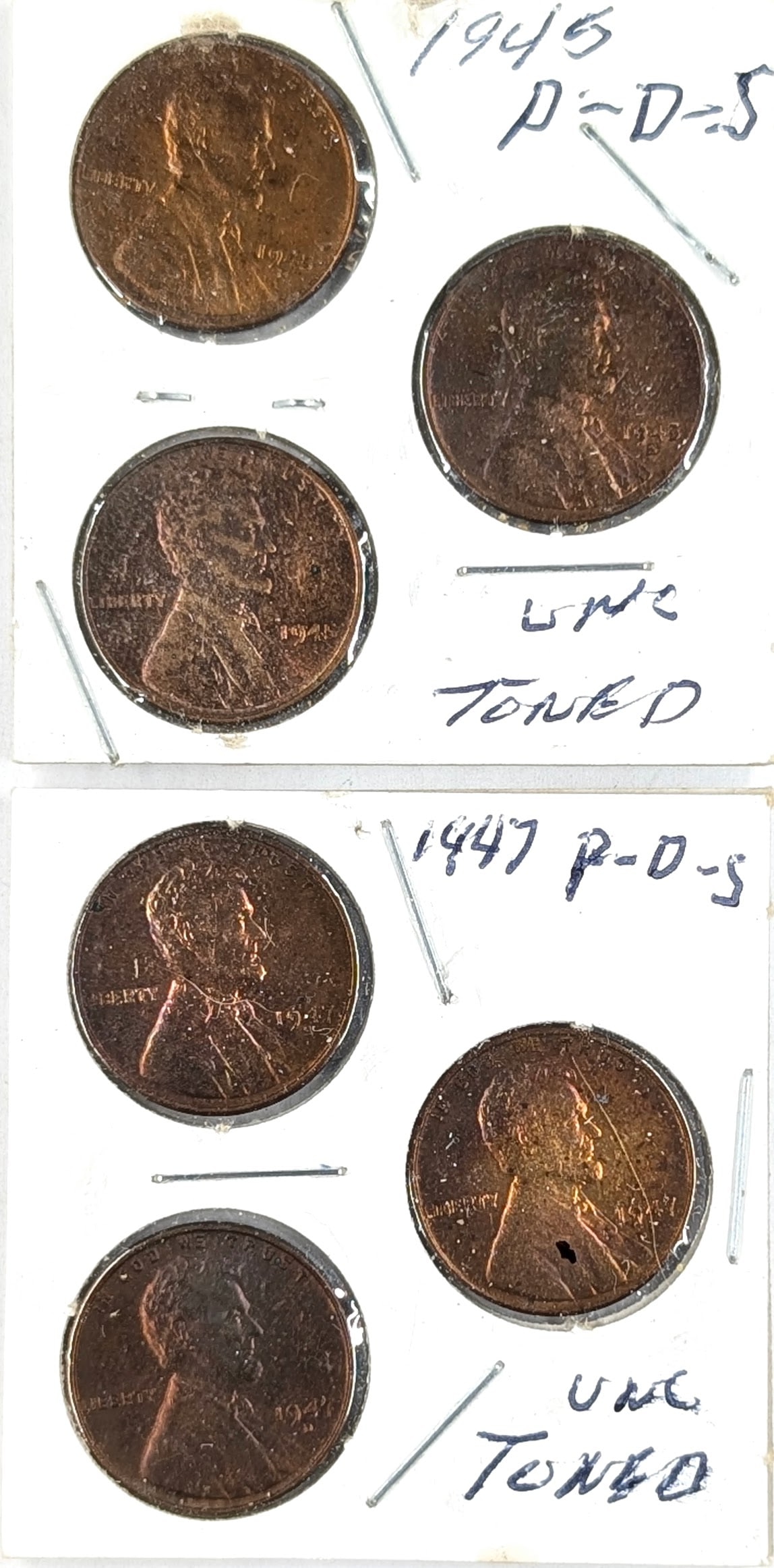 Lot of 6 Wheat Cents- 1945 P/D/S, 1947 P/D/S: _