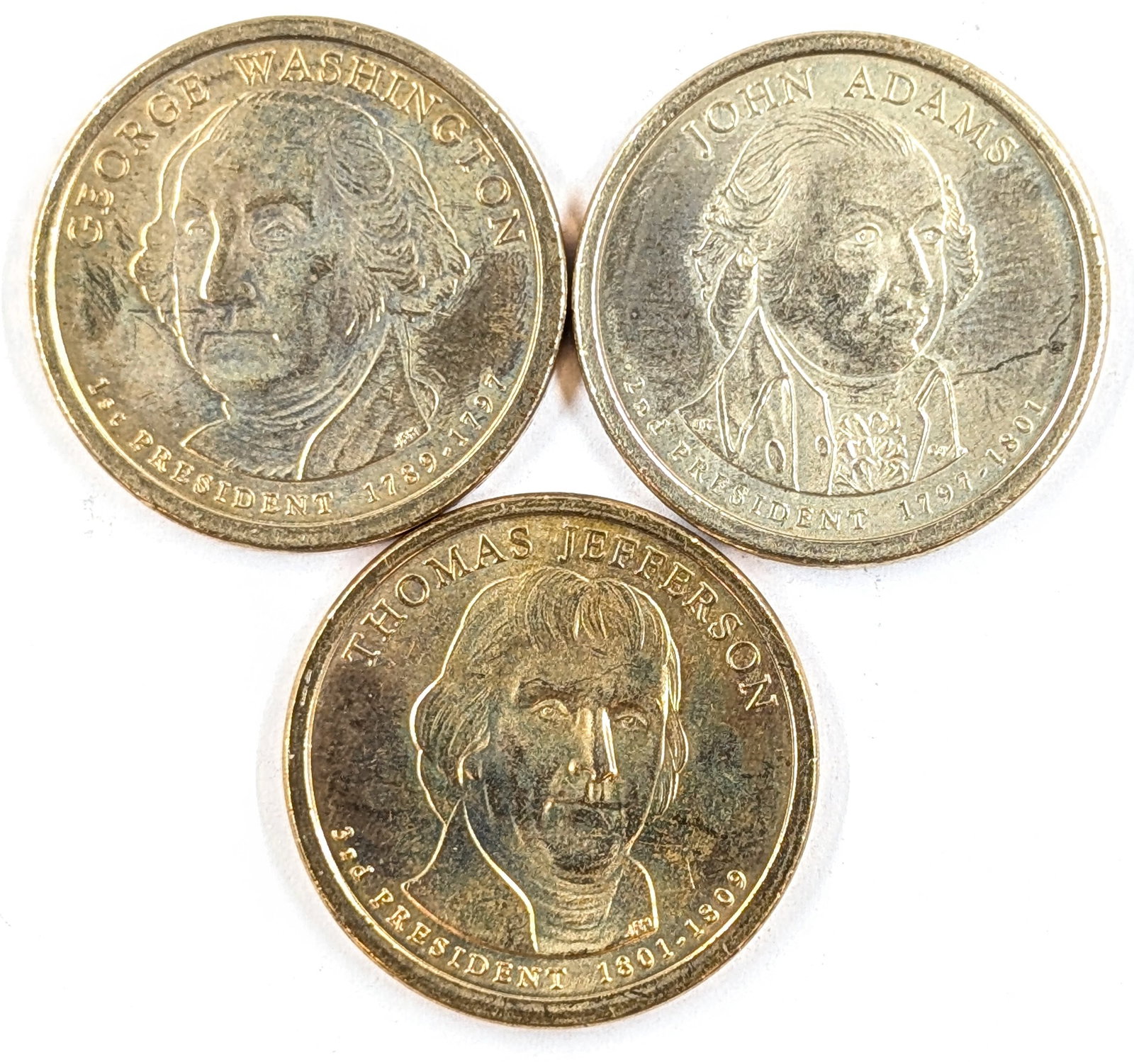 Lot of 3 Presidential Dollars- George Washington, John Adams, Thomas Jefferson: Most Uncirculated