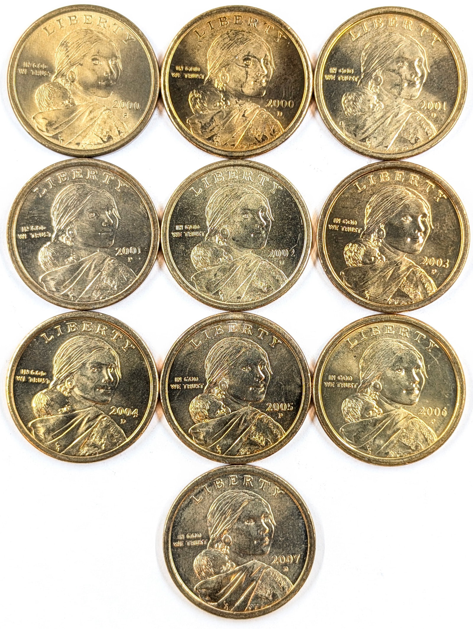 Lot of 10 Sacagawea Dollars- 2000-2007: Most Uncirculated