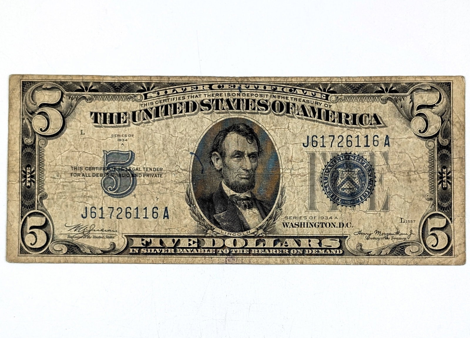 1934 A $5 Note - Silver Certificate: Heavily Circulated