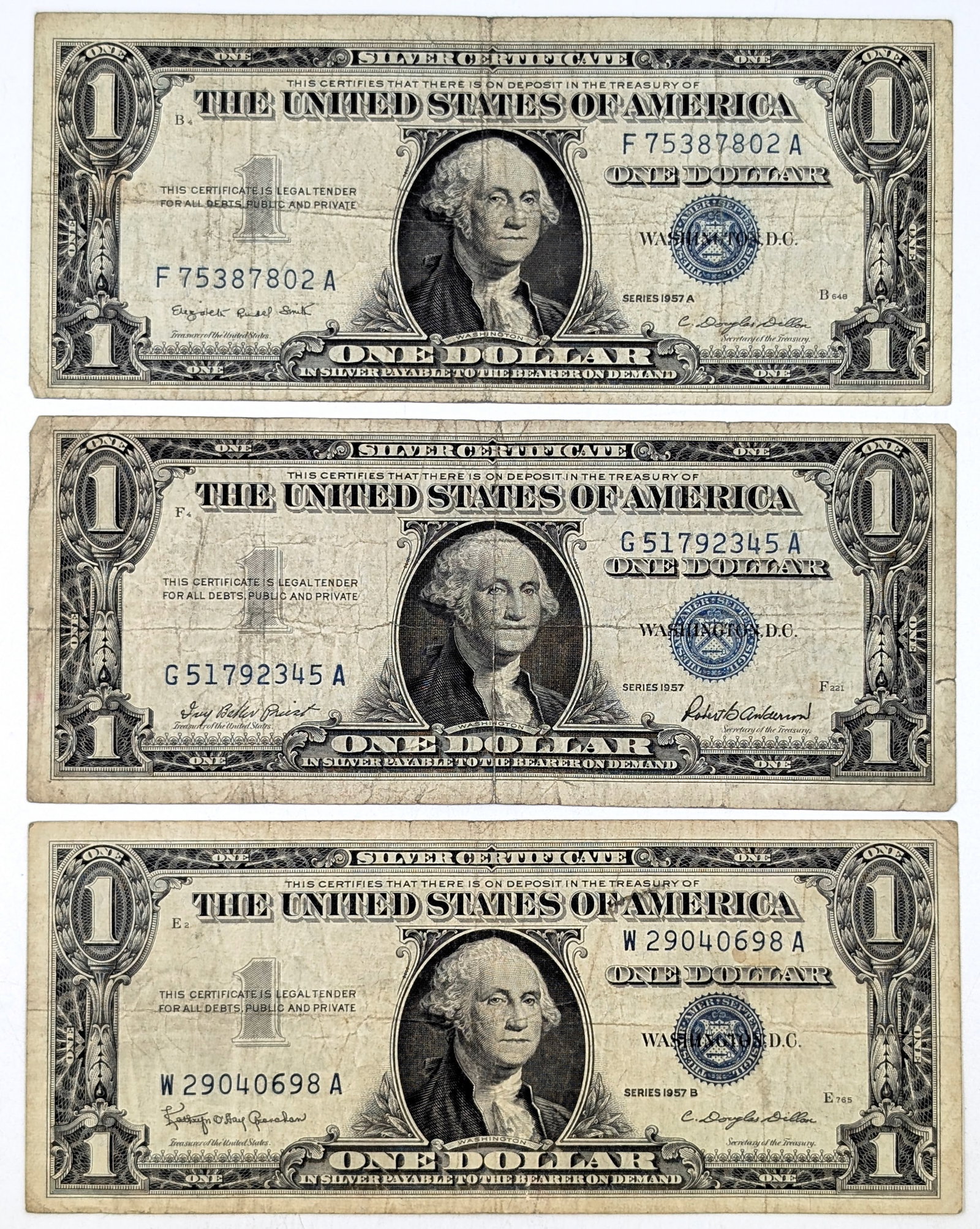 Lot of 3 - 1957 $1 Notes - Silver Certificate: Circulated