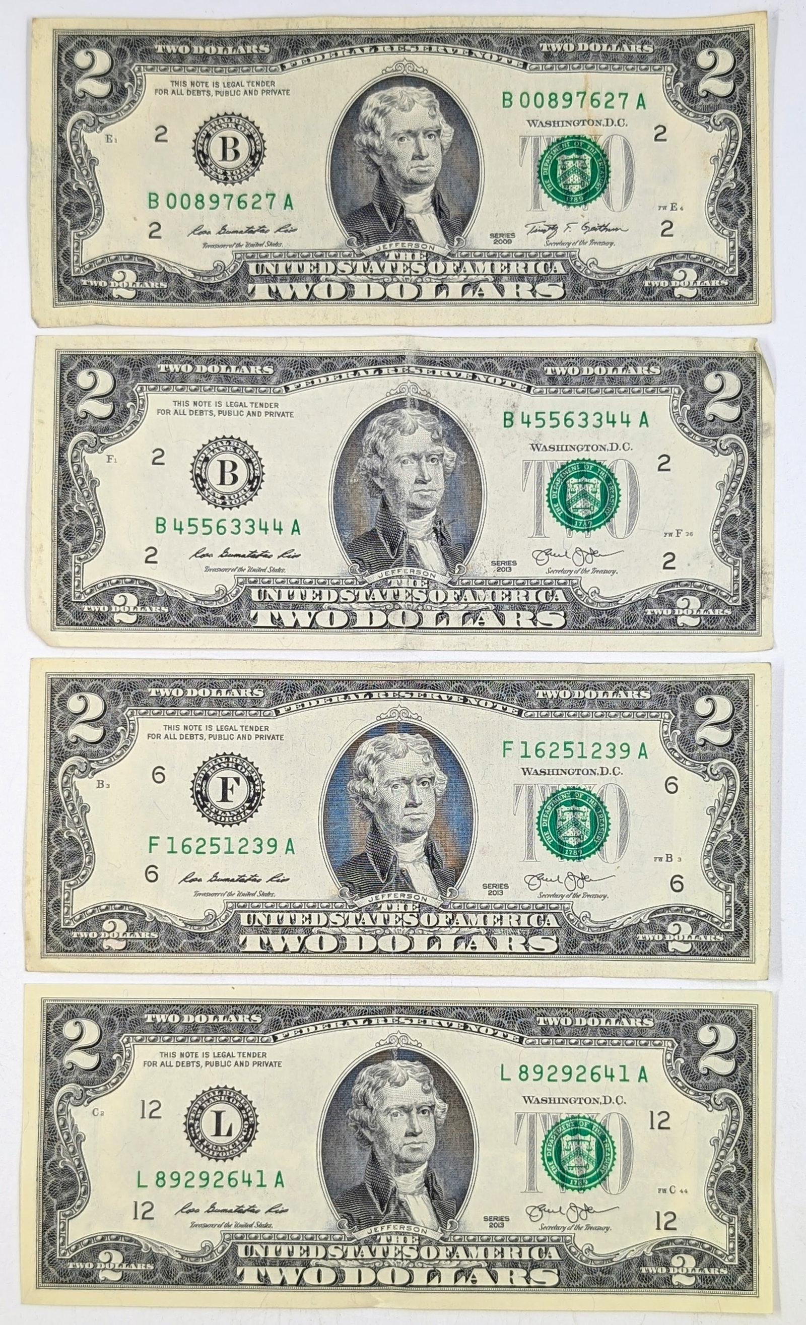 Lot of 4 - 2013 $2 Notes - Green Seal: Crisp- Great Condition