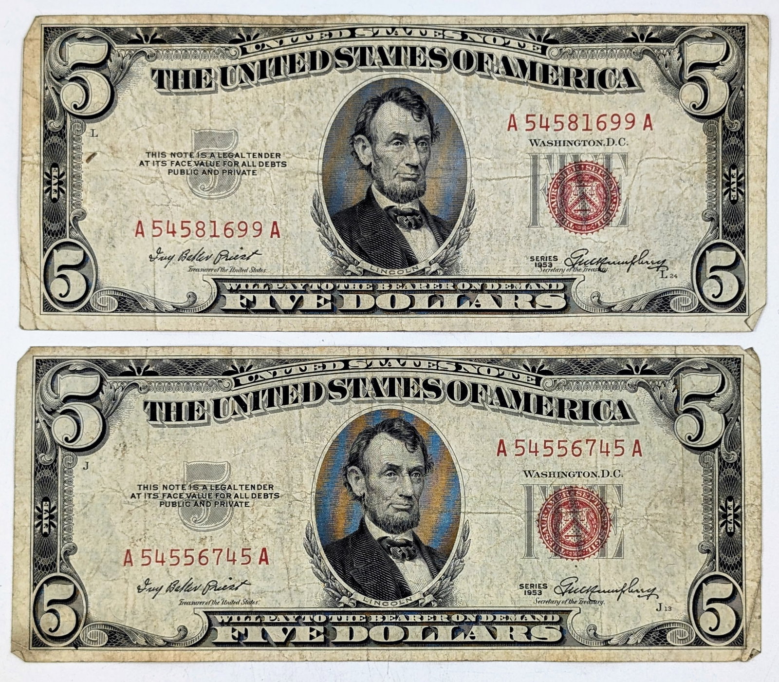 Lot of 2 - 1953 $5 Notes - Red Seals: Circulated