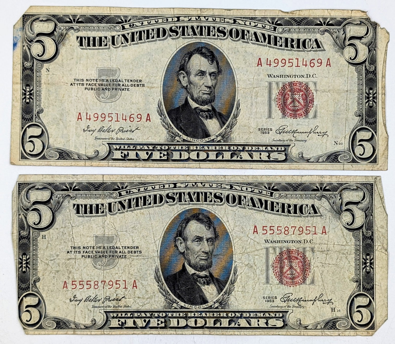 Lot of 2 - 1956 $5 Notes - Red Seals: Heavily Circulated