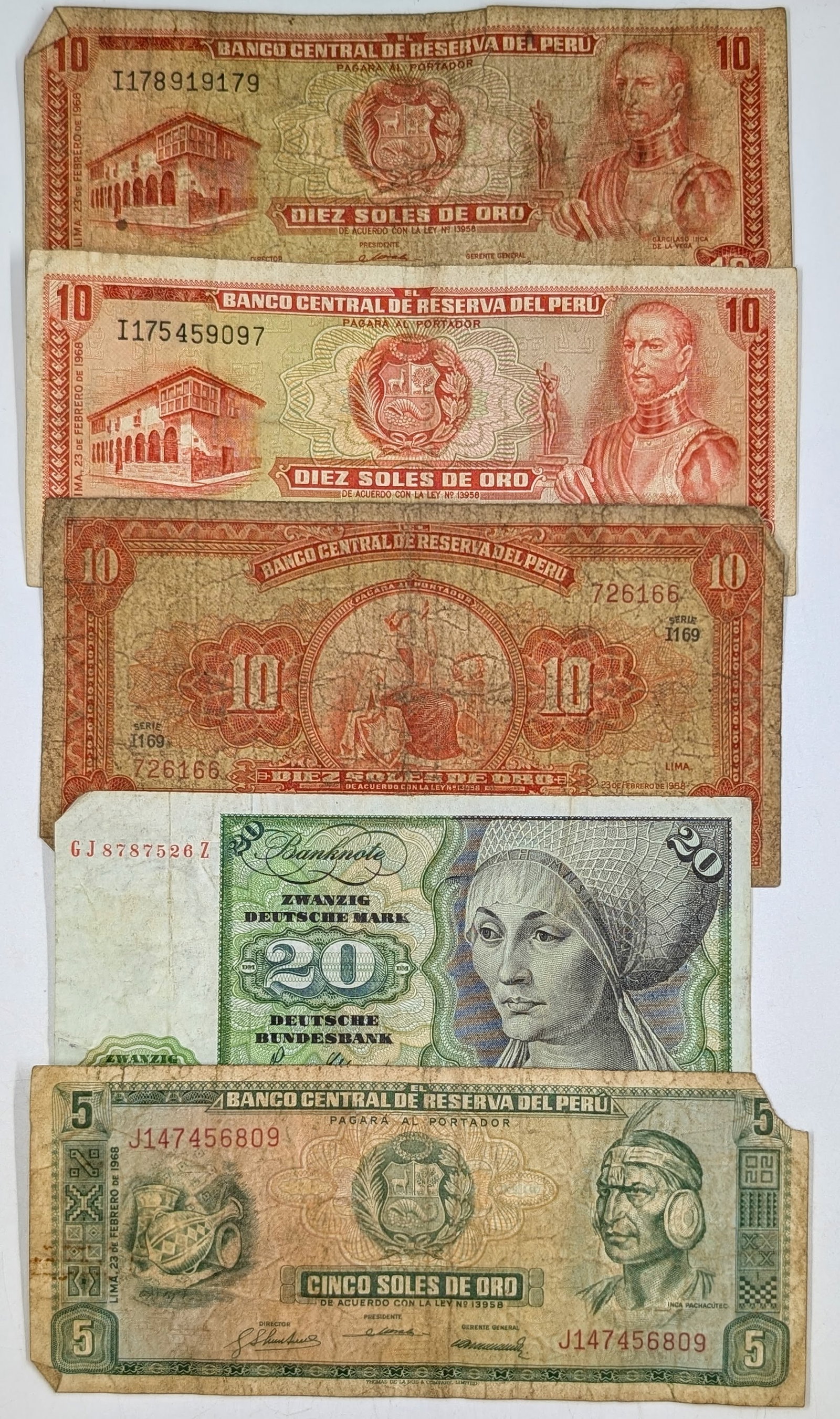 Lot of 5 Foreign Bank Notes- $10, $5 Soles de Oro, 20 Deutsche Mark: Heavily Circulated