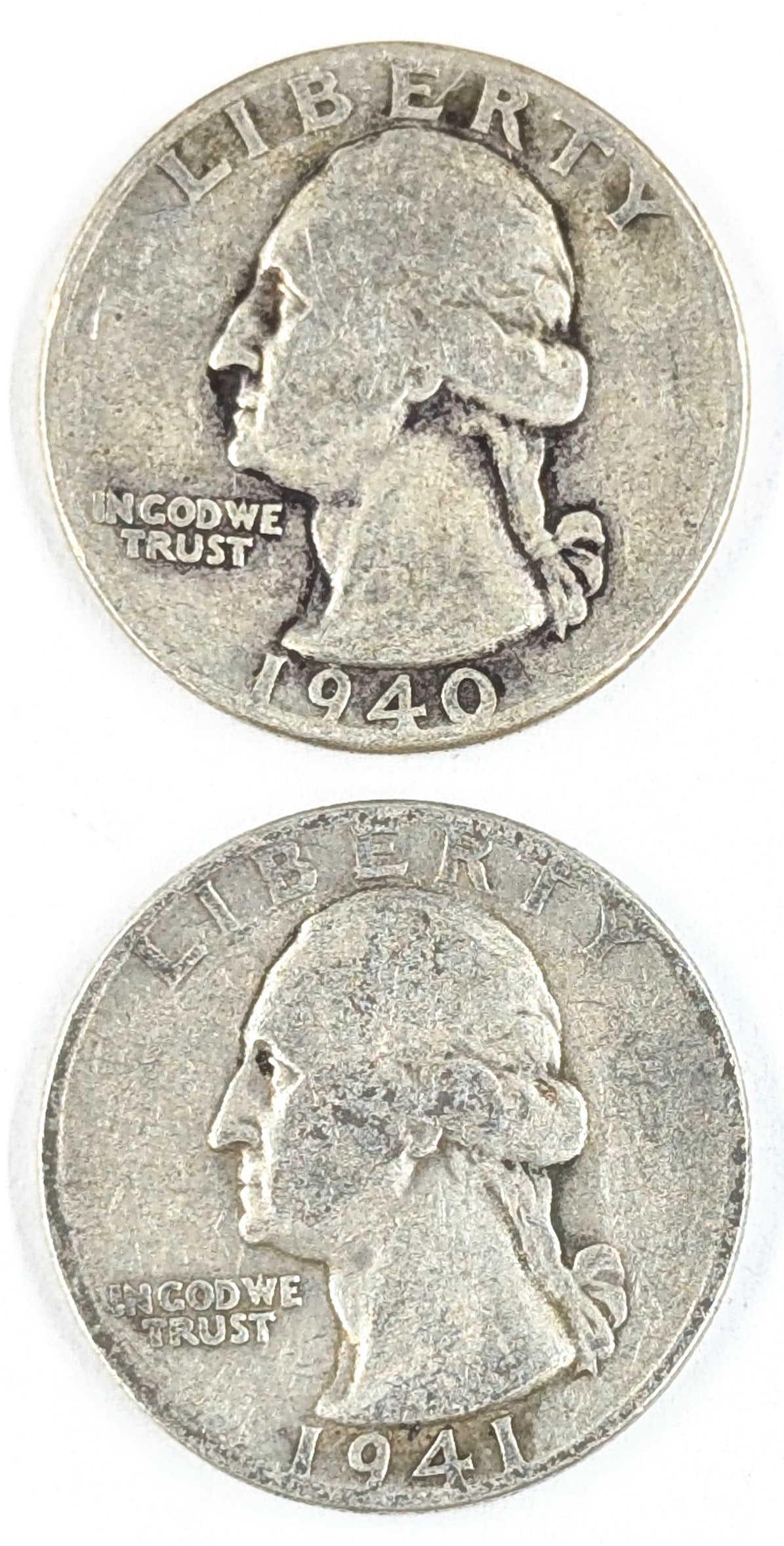 Lot of 2 Silver Washington Quarters- 1940, 1941: _