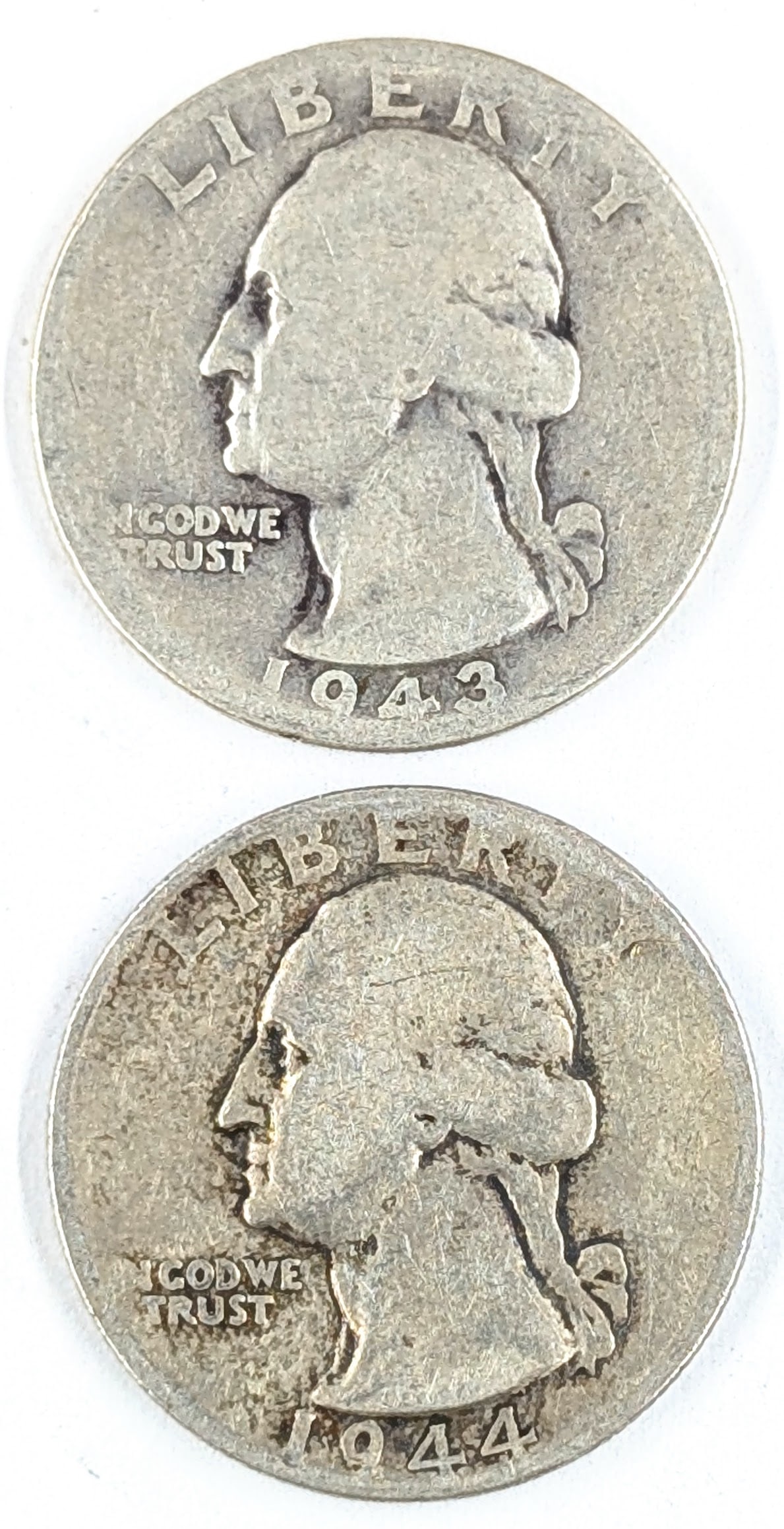 Lot of 2 Silver Washington Quarters- 1943-D, 1944-D: _