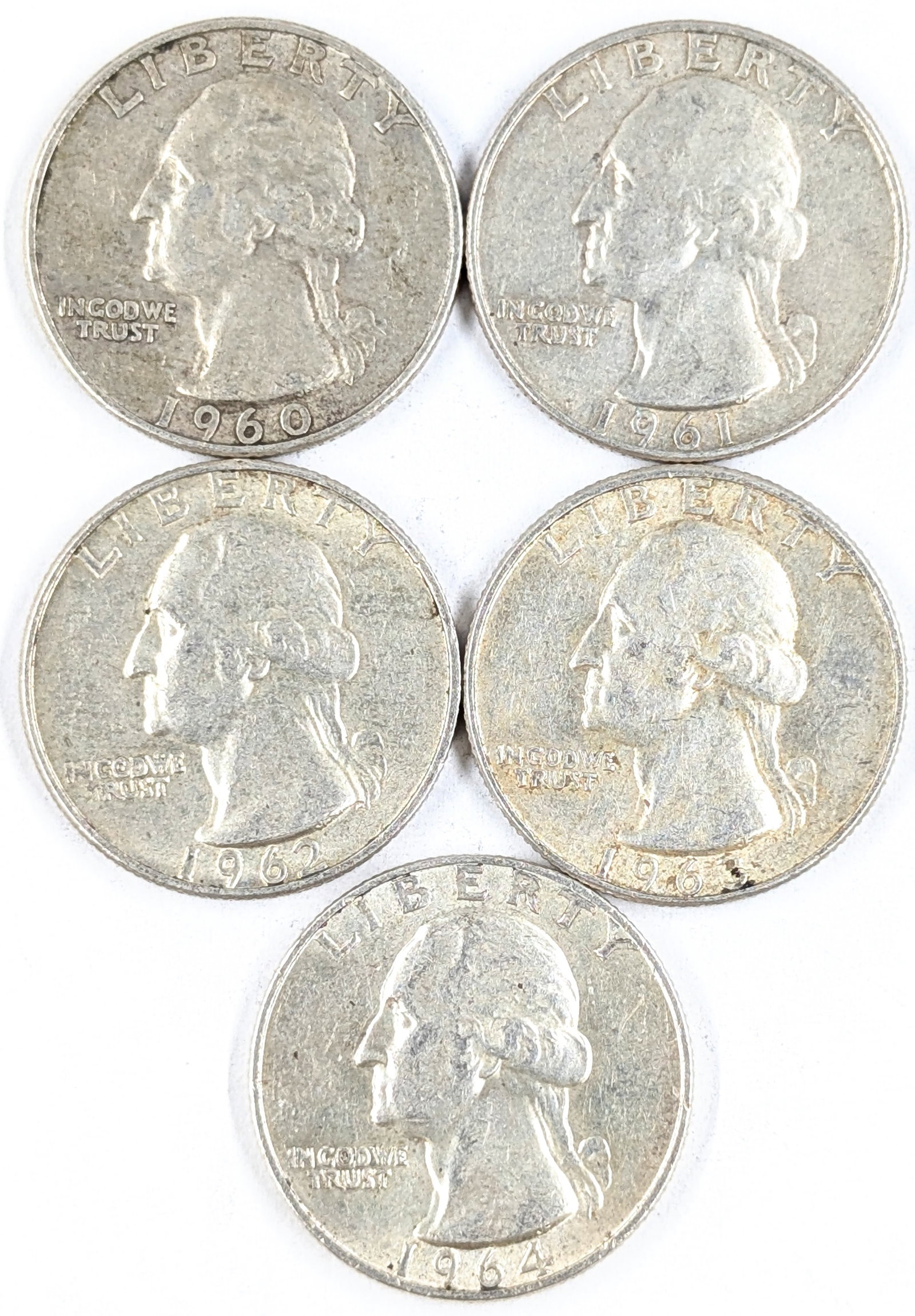 Lot of 5 Silver Washington Quarters- 1960-1964 (1 of 2)
