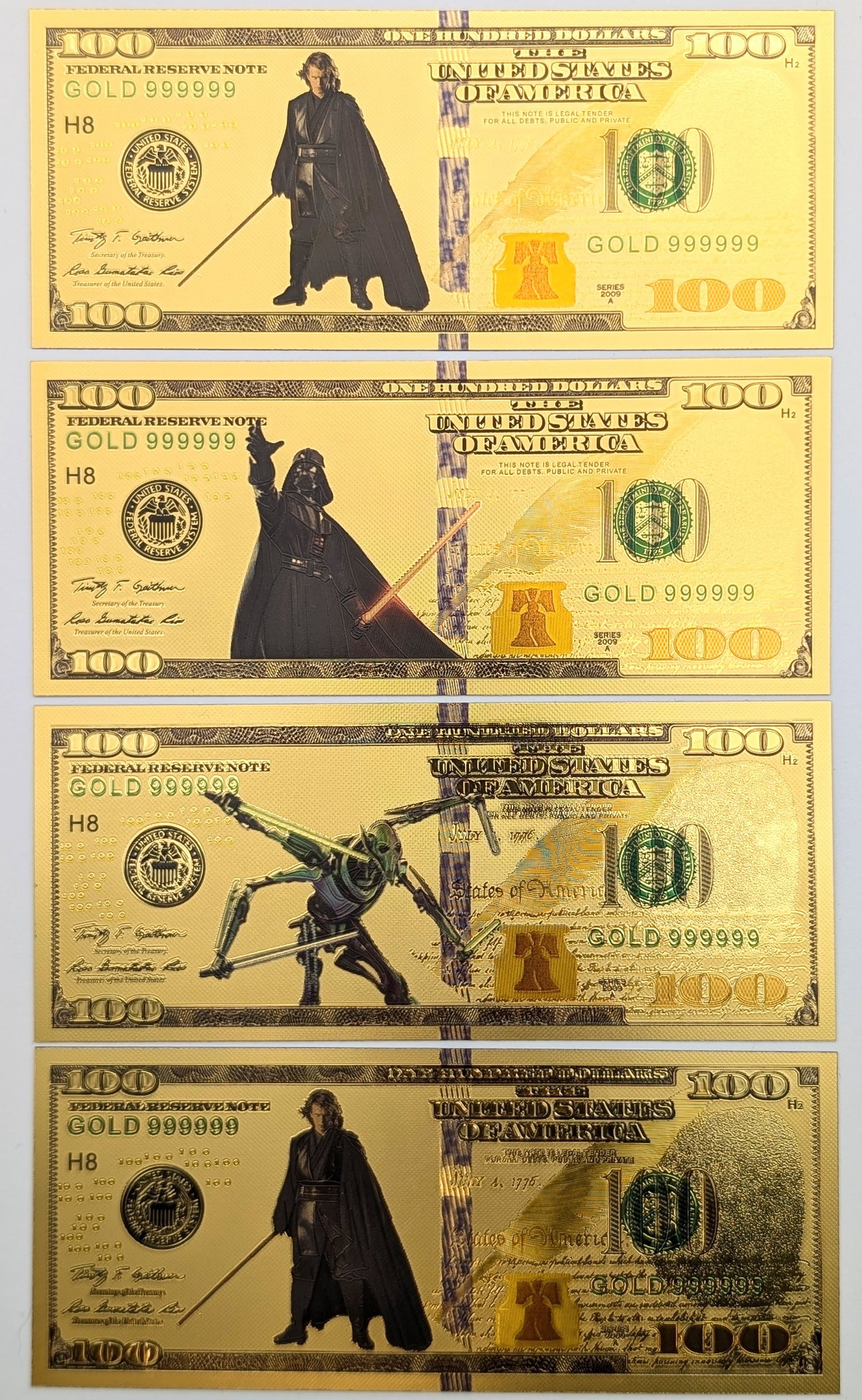 Lot of 4 Star Wars Gold foils $100 designs: _