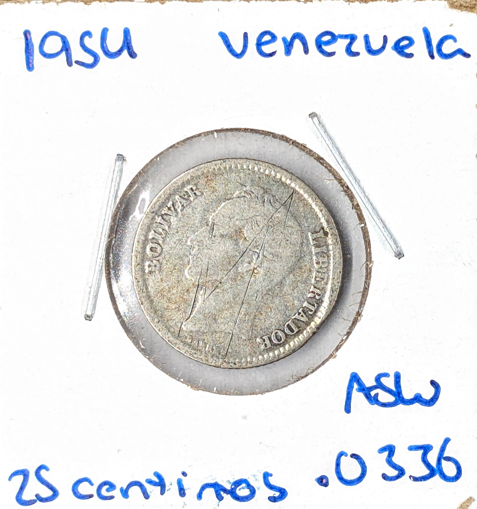1954 Silver Venezuela 25 Centimos: 83.5% Silver