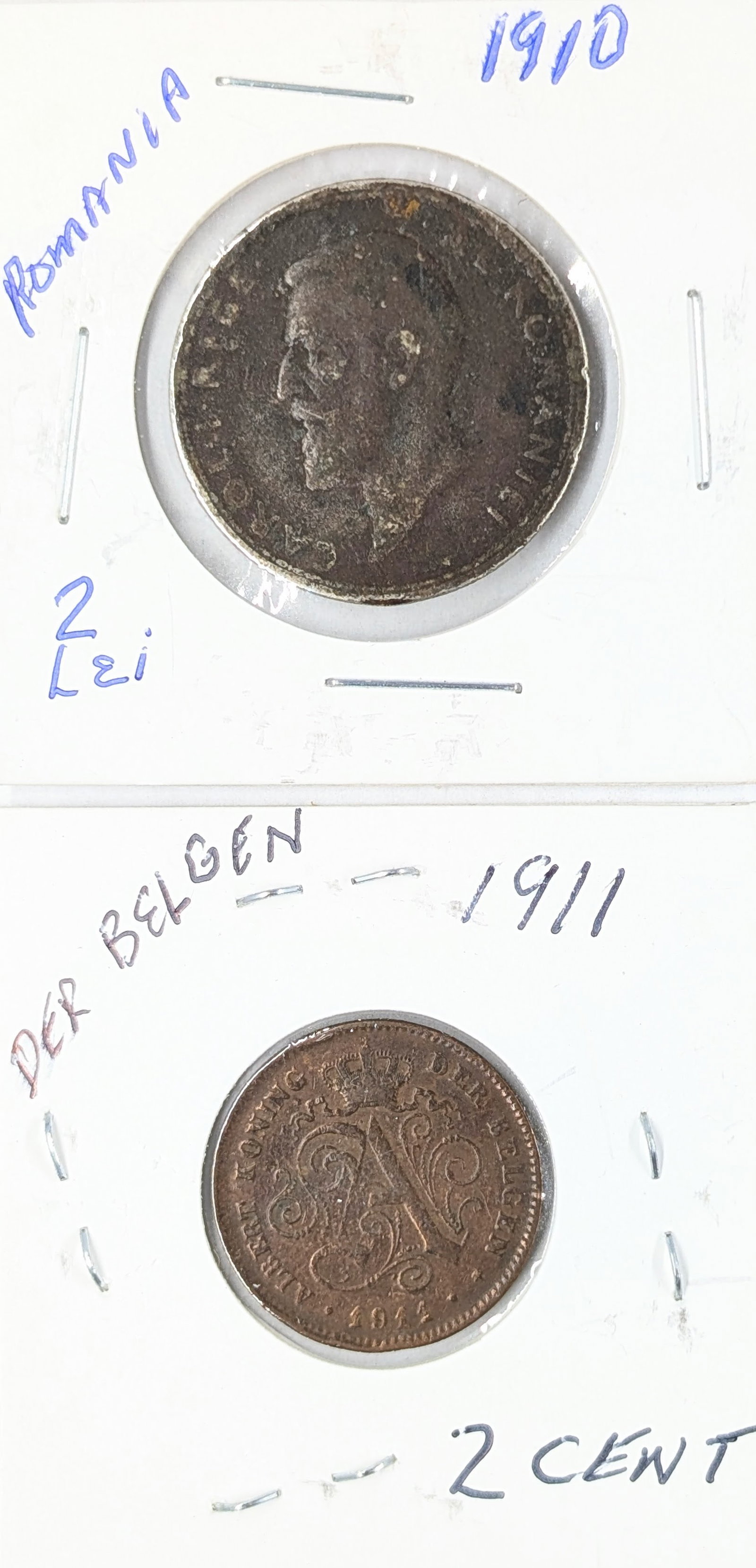 Lot of 2 Foreign Coins- 1910 Romania 2 Lei, 1911 Belgium 2 Centimes: _