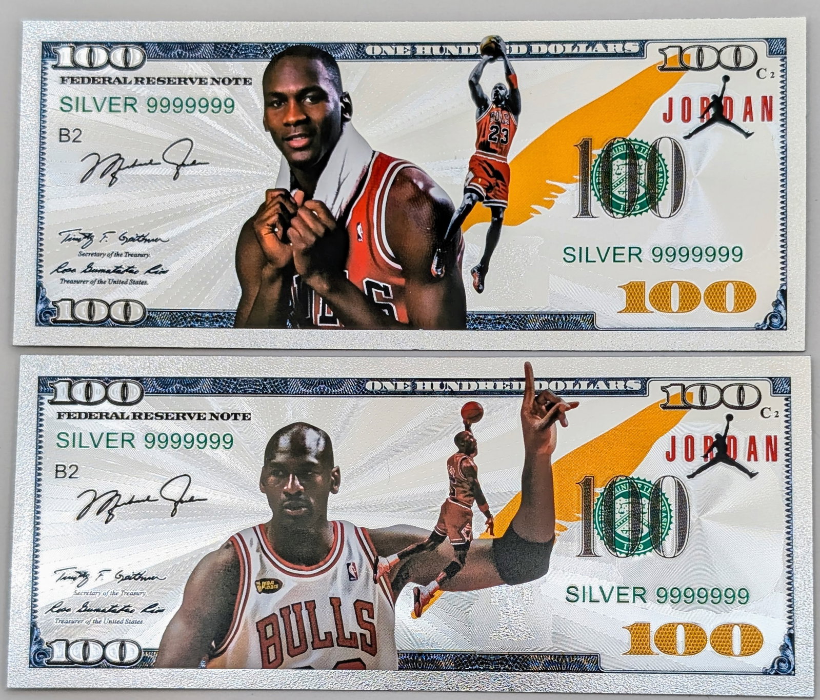 Lot of 2 Michael Jordan .999 Silver foils $100 design: _