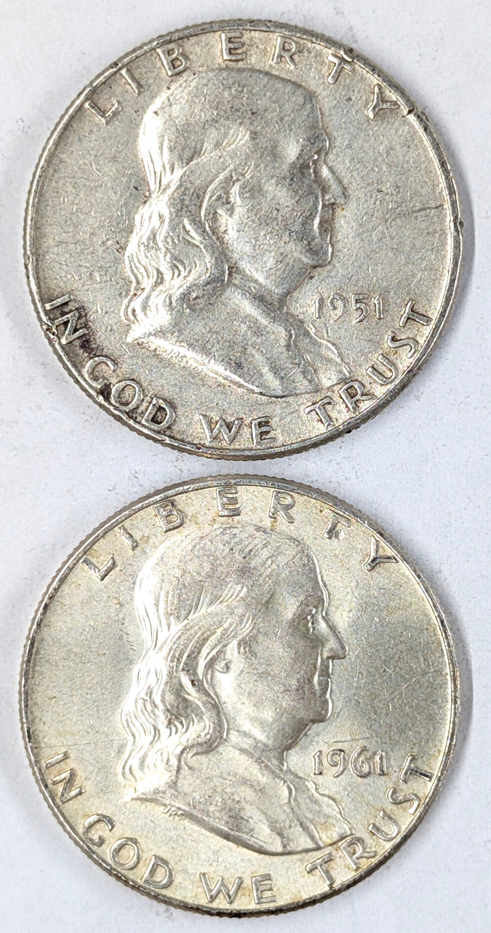 Lot of 2 Silver Franklin Half Dollars- 1951, 1961-D (1 of 2)