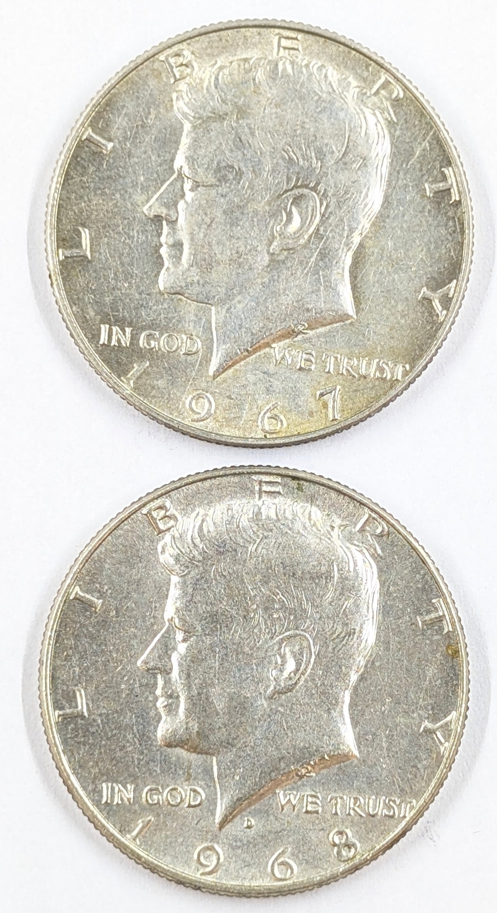 Lot of 2 Silver John F Kennedy Half Dollars - 1967, 1968-D (1 of 2)