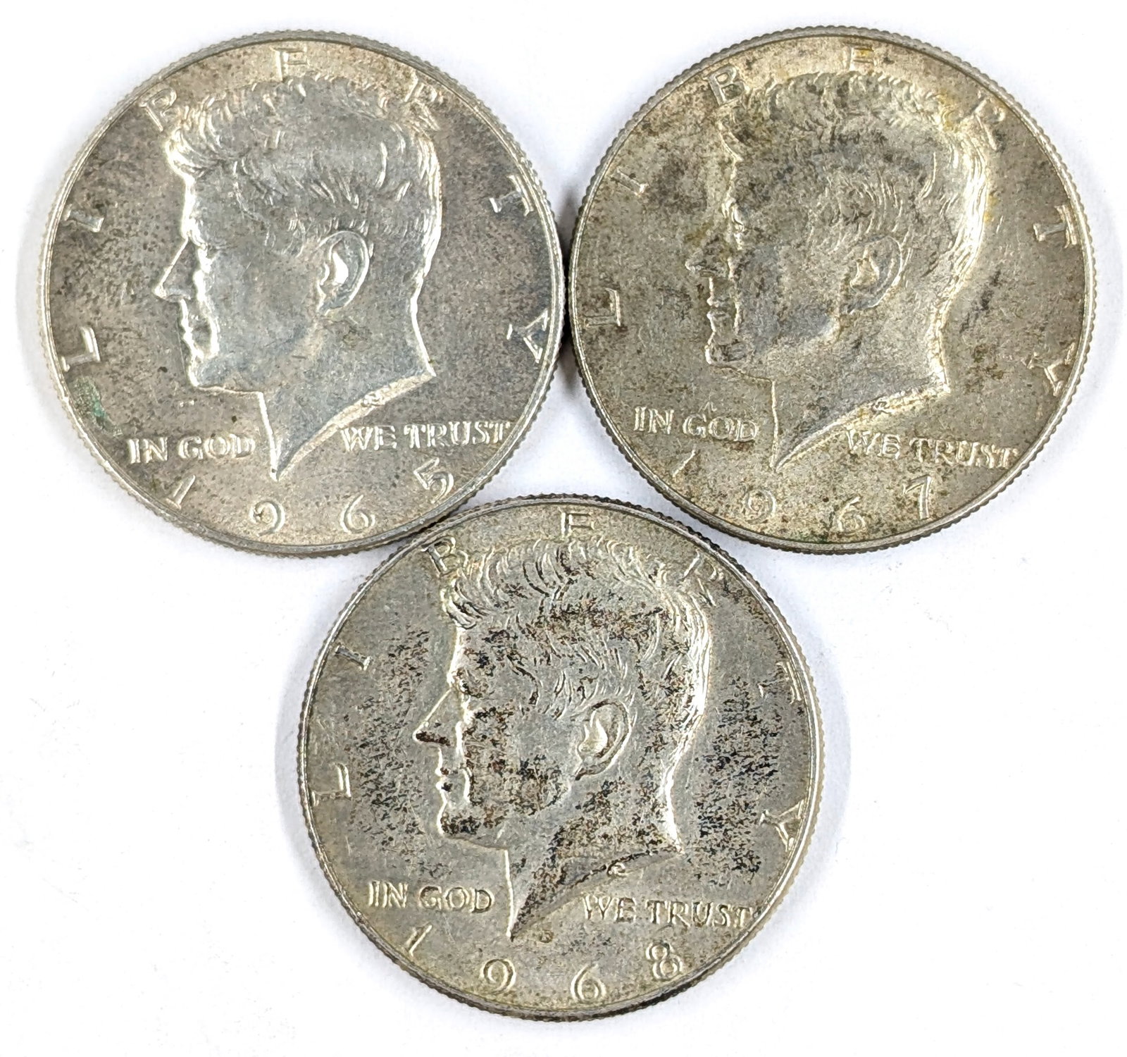 Lot of X Silver John F Kennedy Half Dollars - 1965, 1967, 1968: 40% Silver