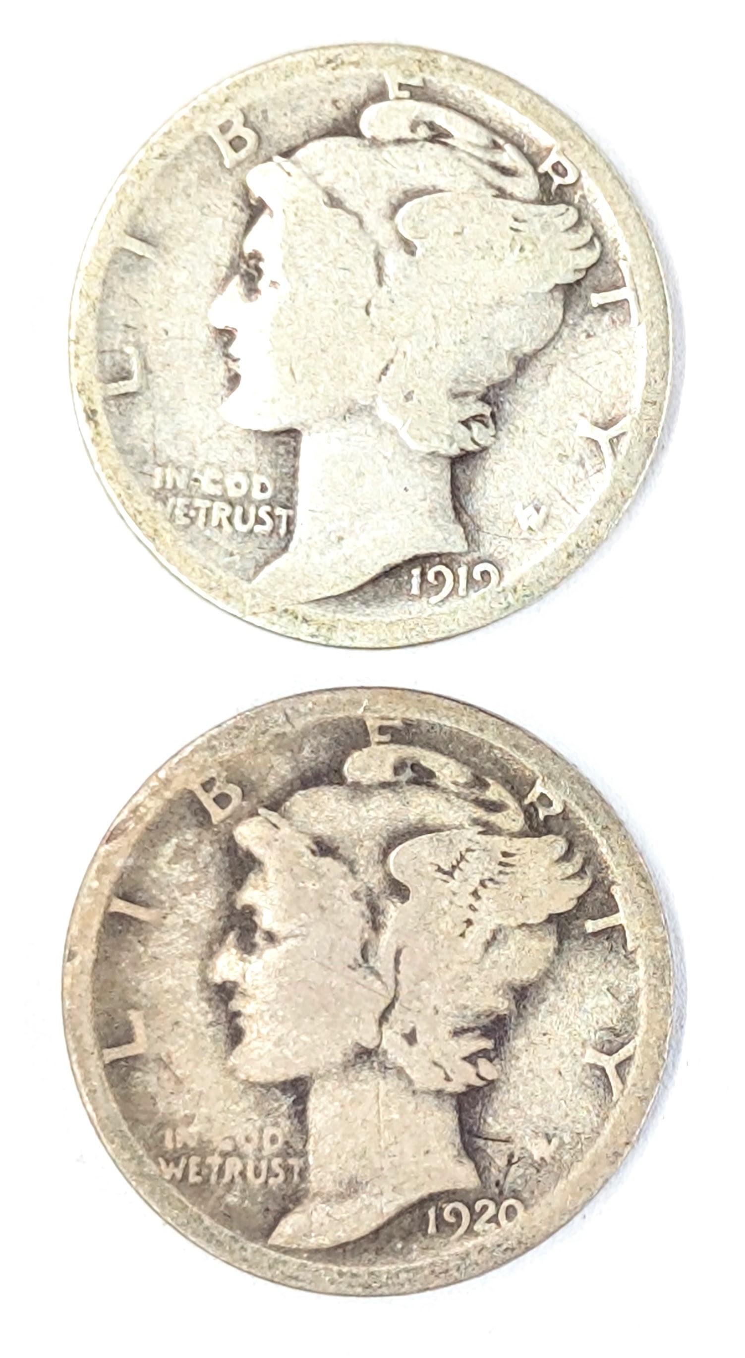 Lot of 2 Silver Mercury Dimes- 1919-S, 1920-S: _