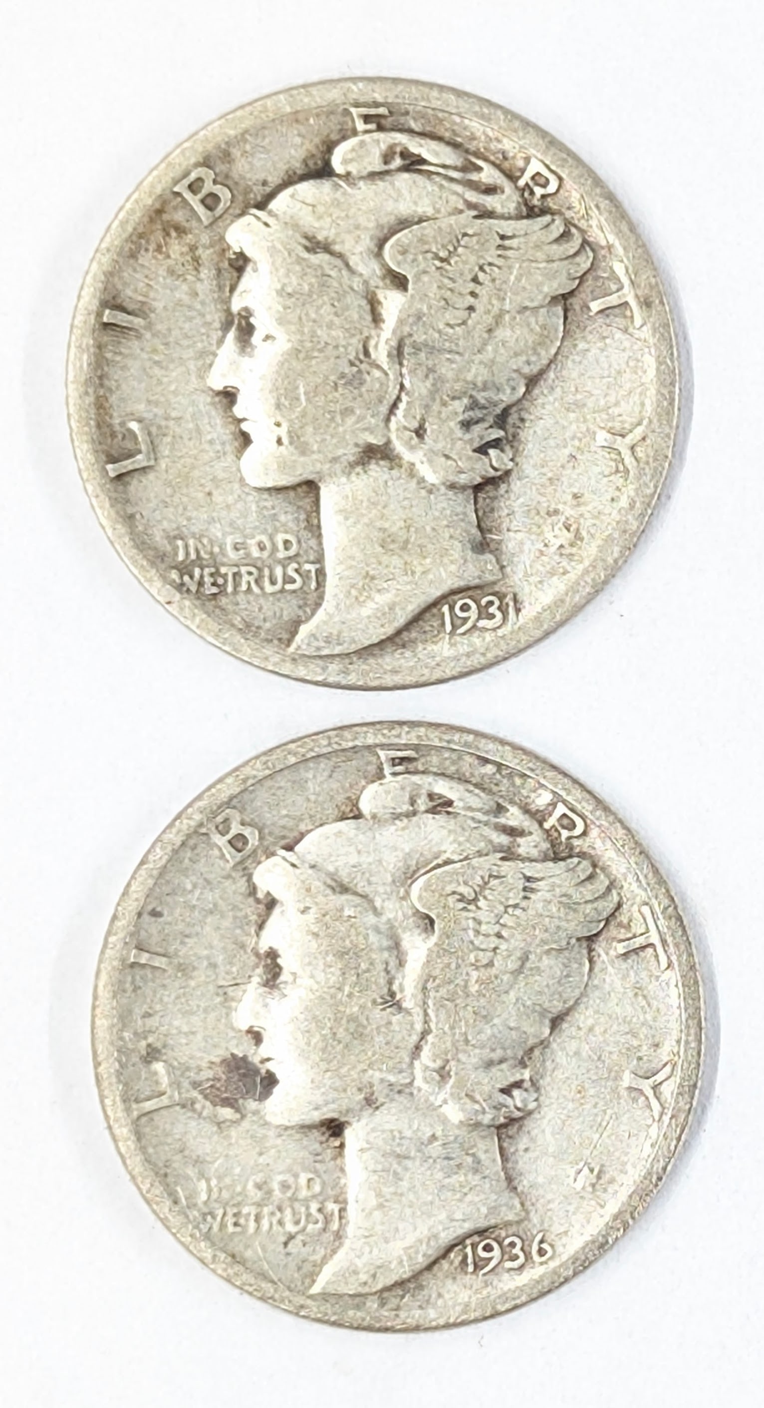 Lot of 2 Silver Mercury Dimes- 1931, 1936: _
