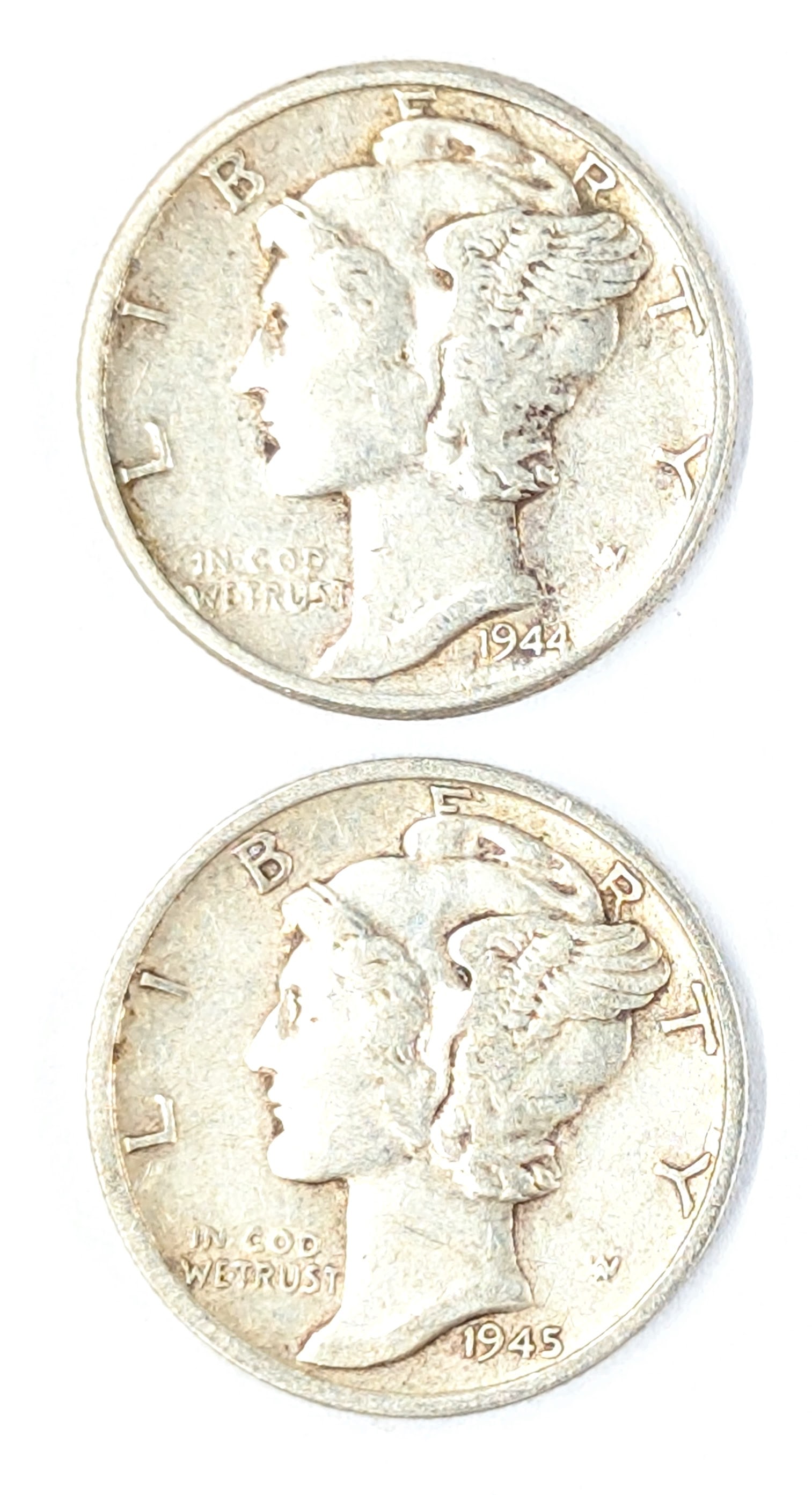 Lot of 2 Silver Mercury Dimes- 1944, 1945-S: _