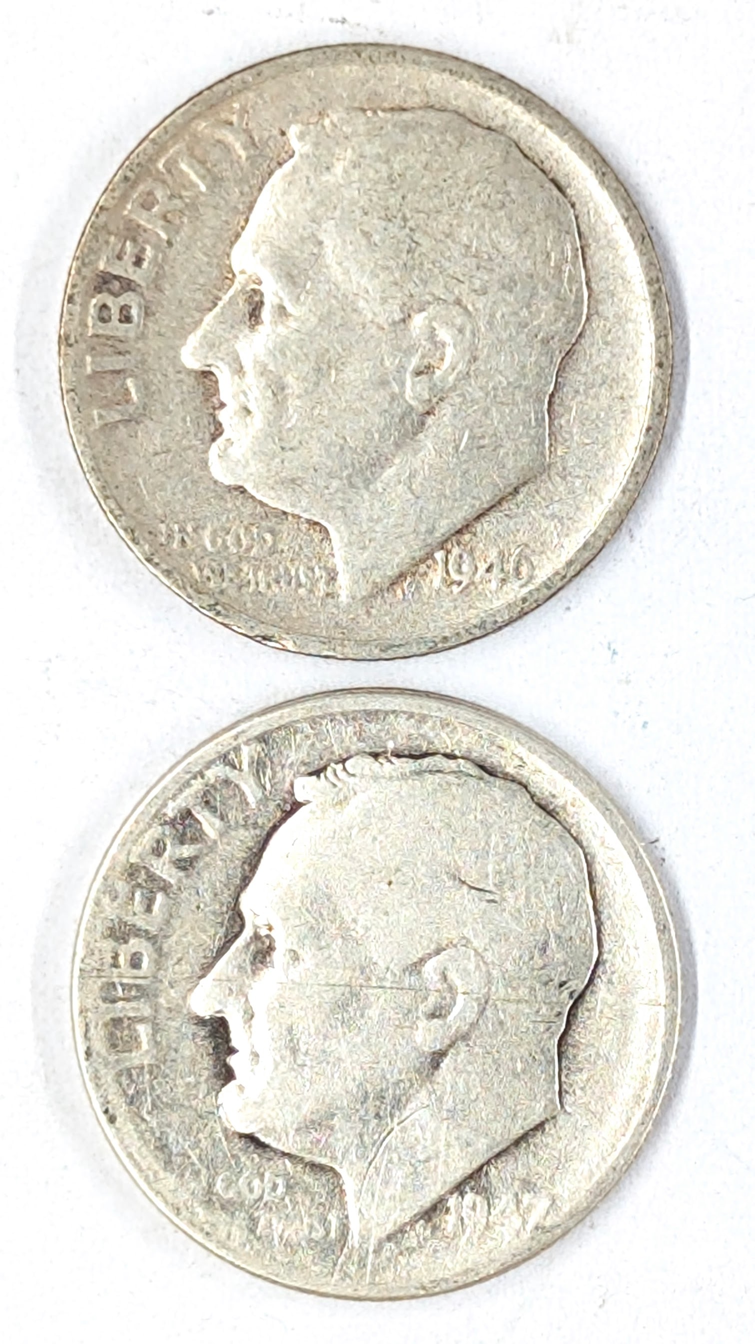 Lot of 2 Silver Roosevelt Dimes- 1946-S, 1947-D: _