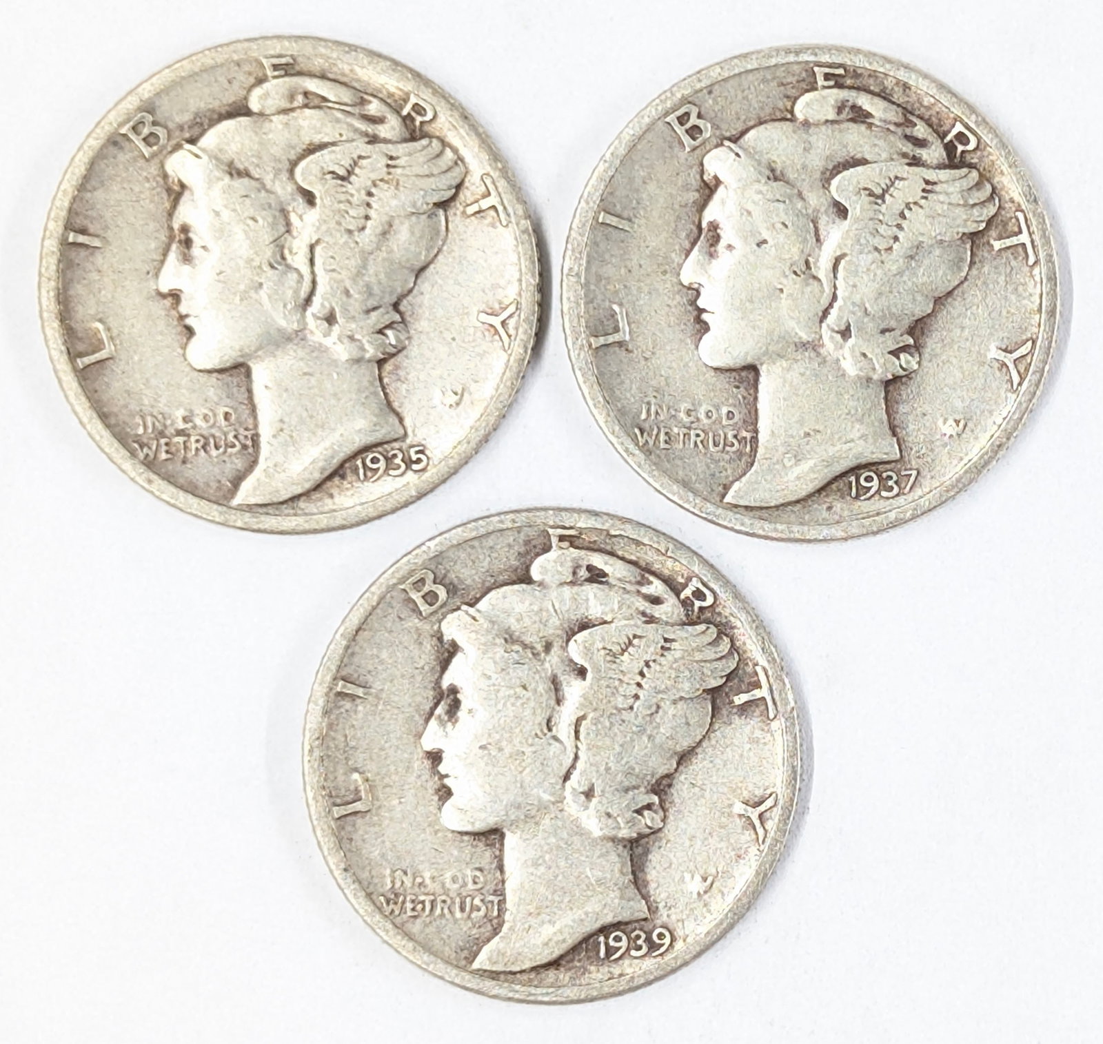 Lot of 3 Silver Mercury Dimes- 1935-S, 1937, 1939: _