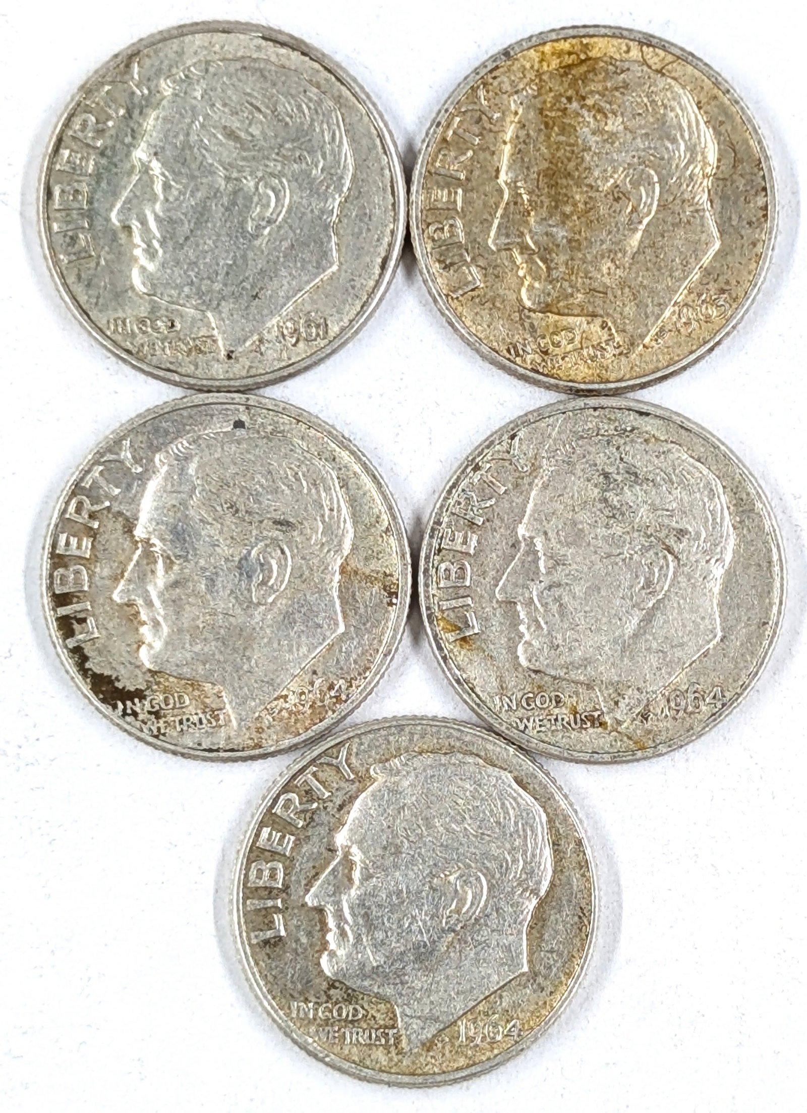 Lot of 5 Silver Roosevelt Dimes- 1961-1964: _